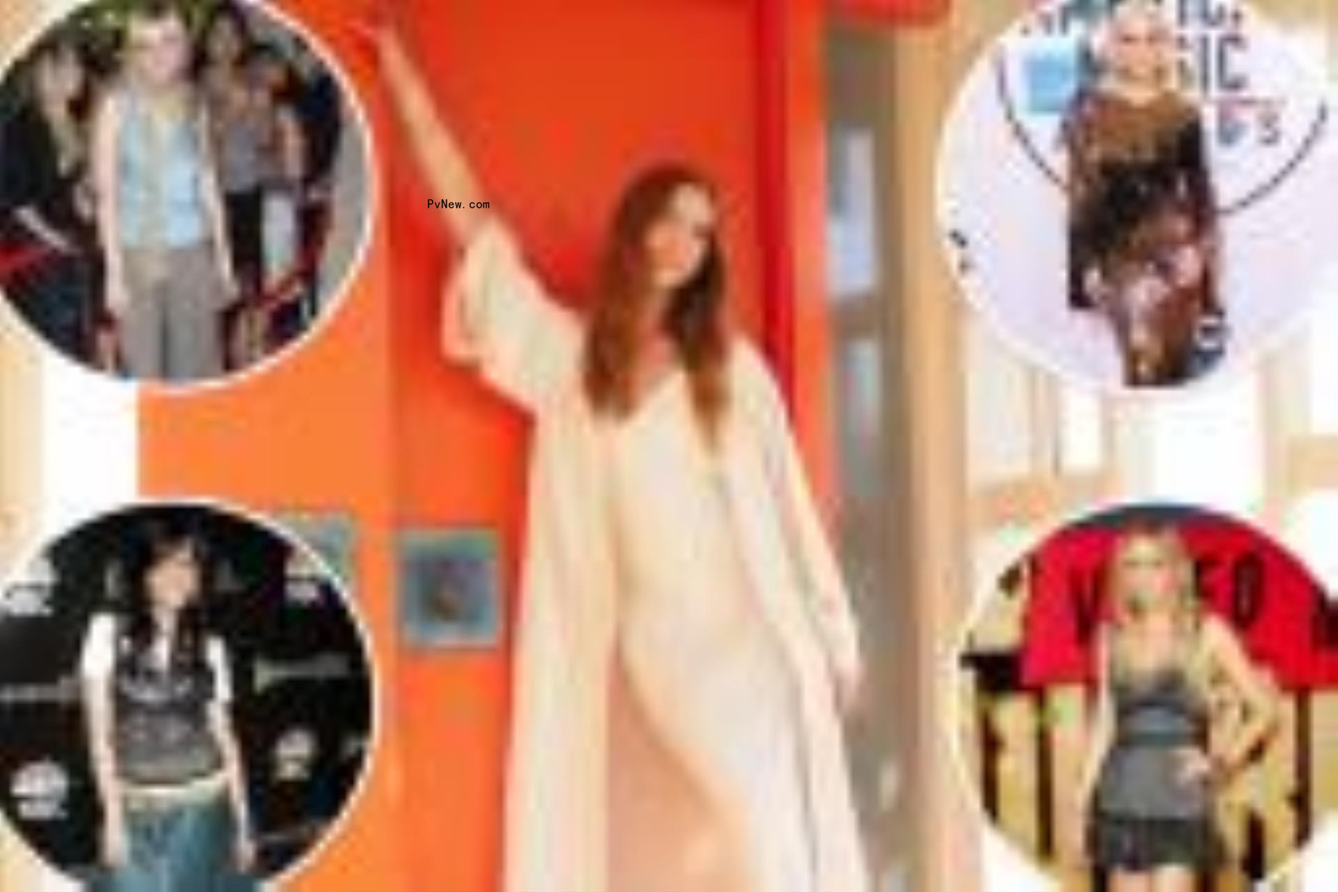 Ashlee Simpson surrounded by some of her past red carpet outfits