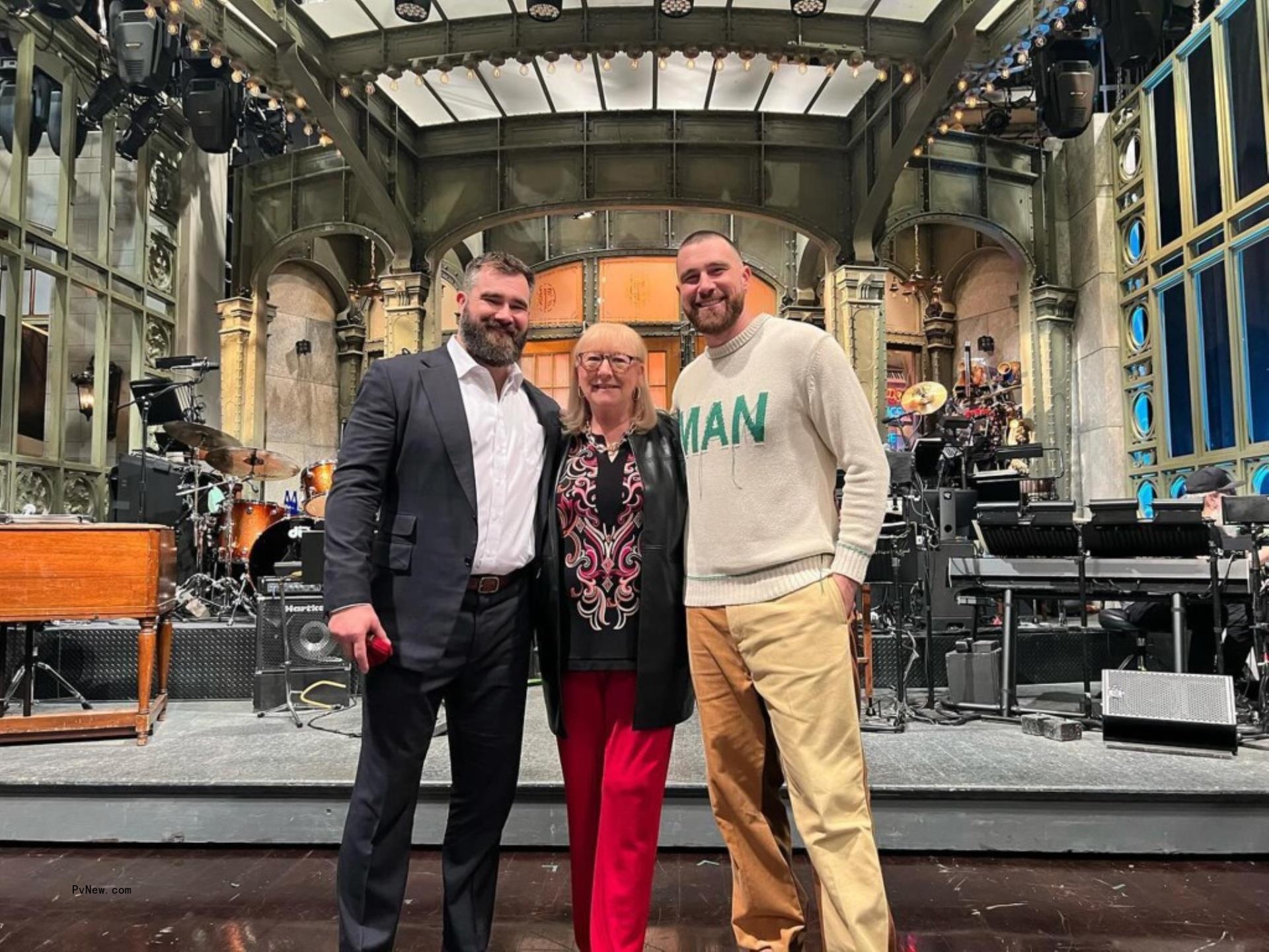 Do<i></i>nna Kelce with sons Jason and Travis Kelce.