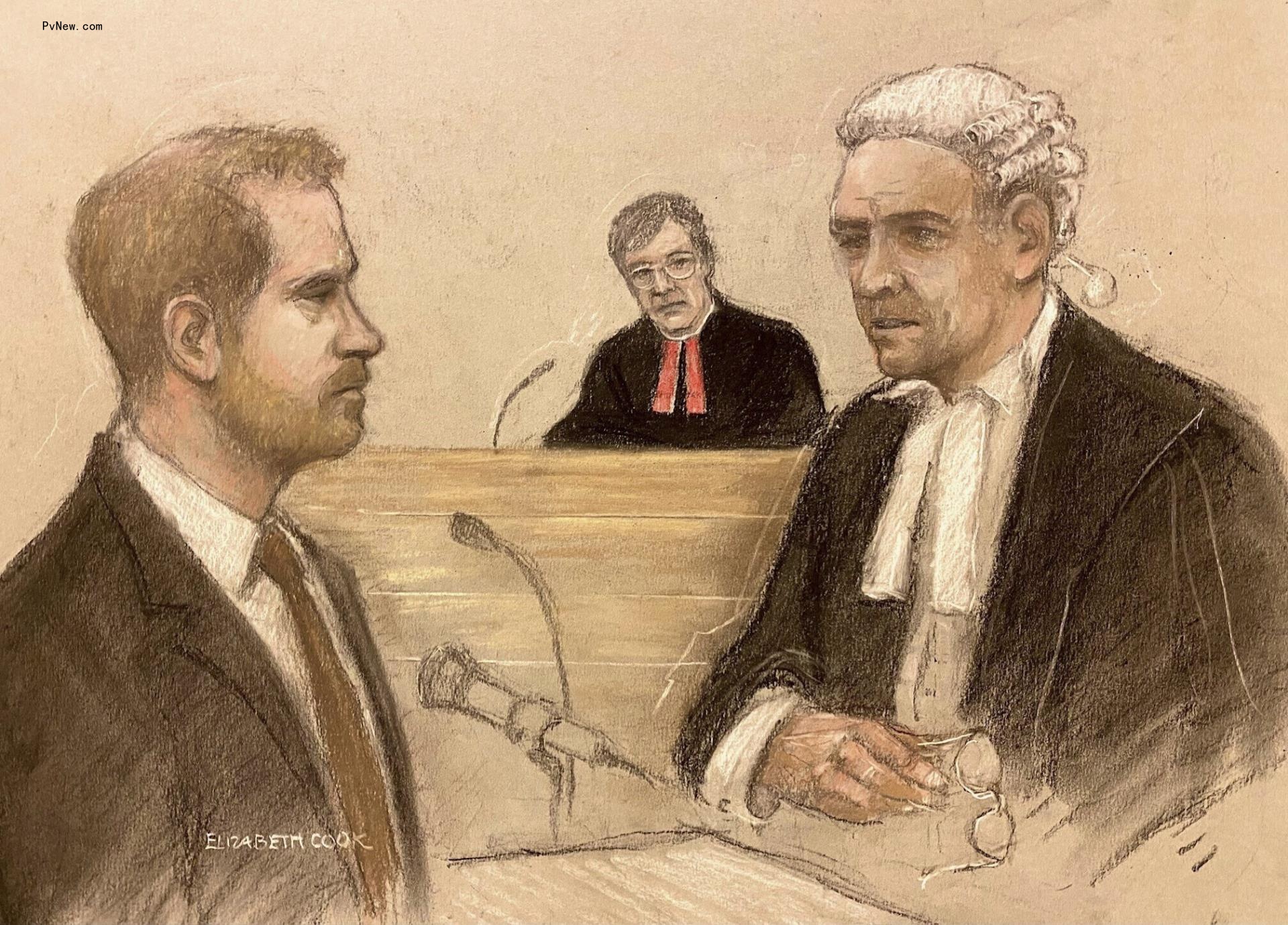 A drawing of Prince Harry on the stand at London's High Court.