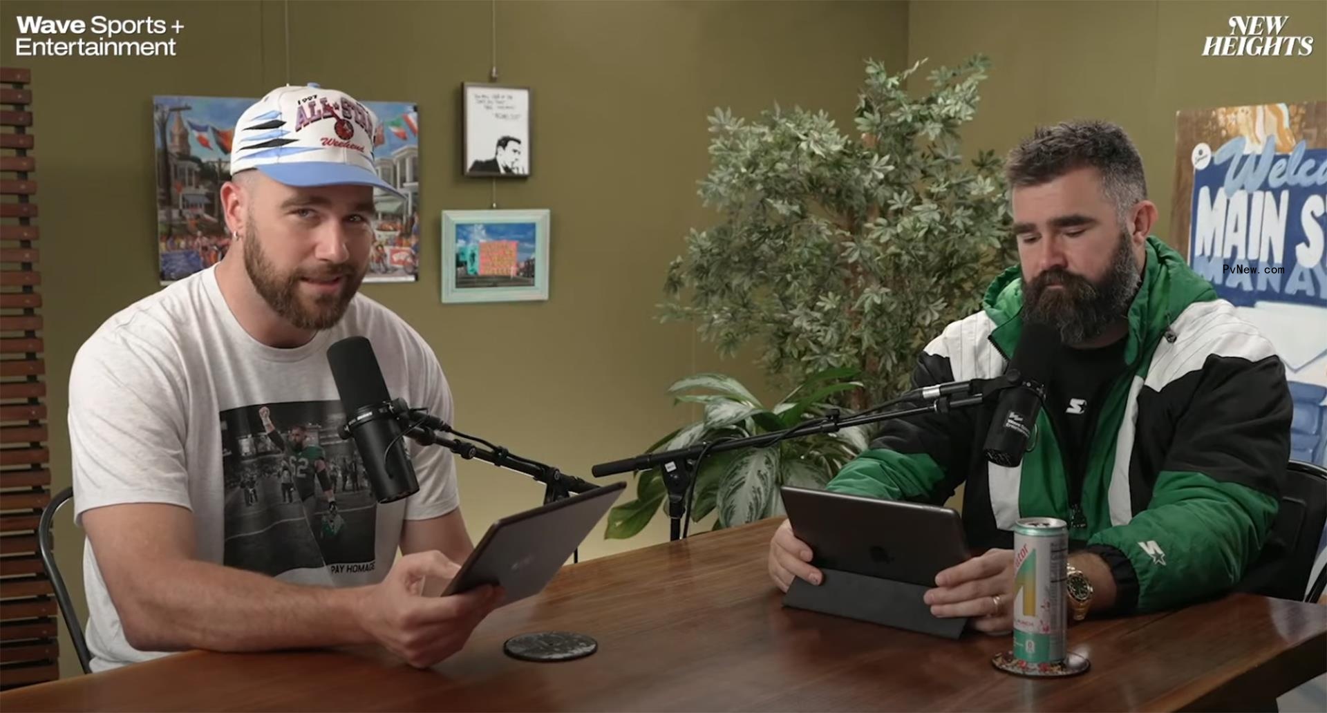Travis Kelce and Jason Kelce talking on their podcast.