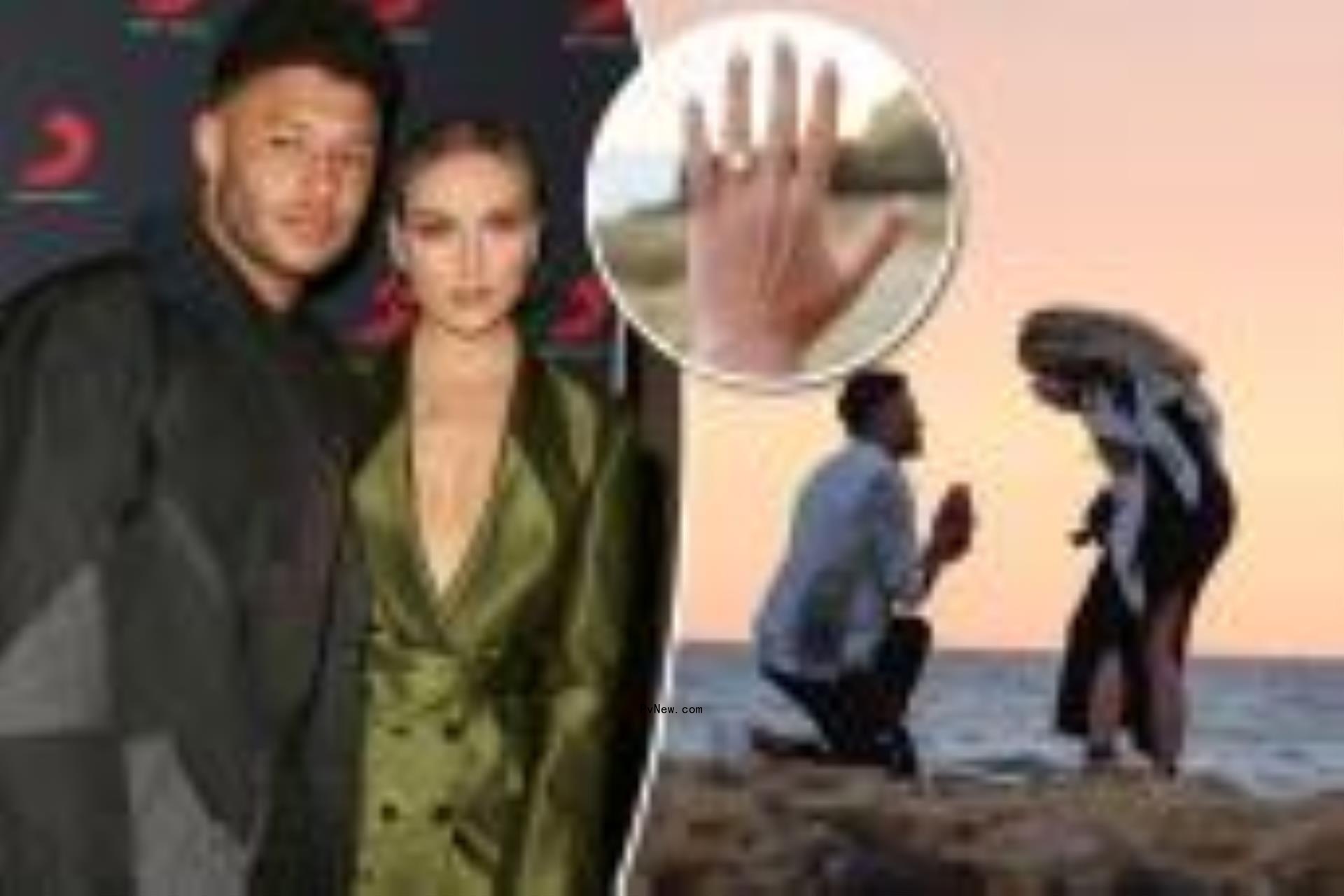 A split photo of Perrie Edwards and Alex Oxlade-Chamberlain posing for a photo together, a photo of Alex Oxlade-Chamberlain proposing to Edwards, and a small photo of her engagement ring