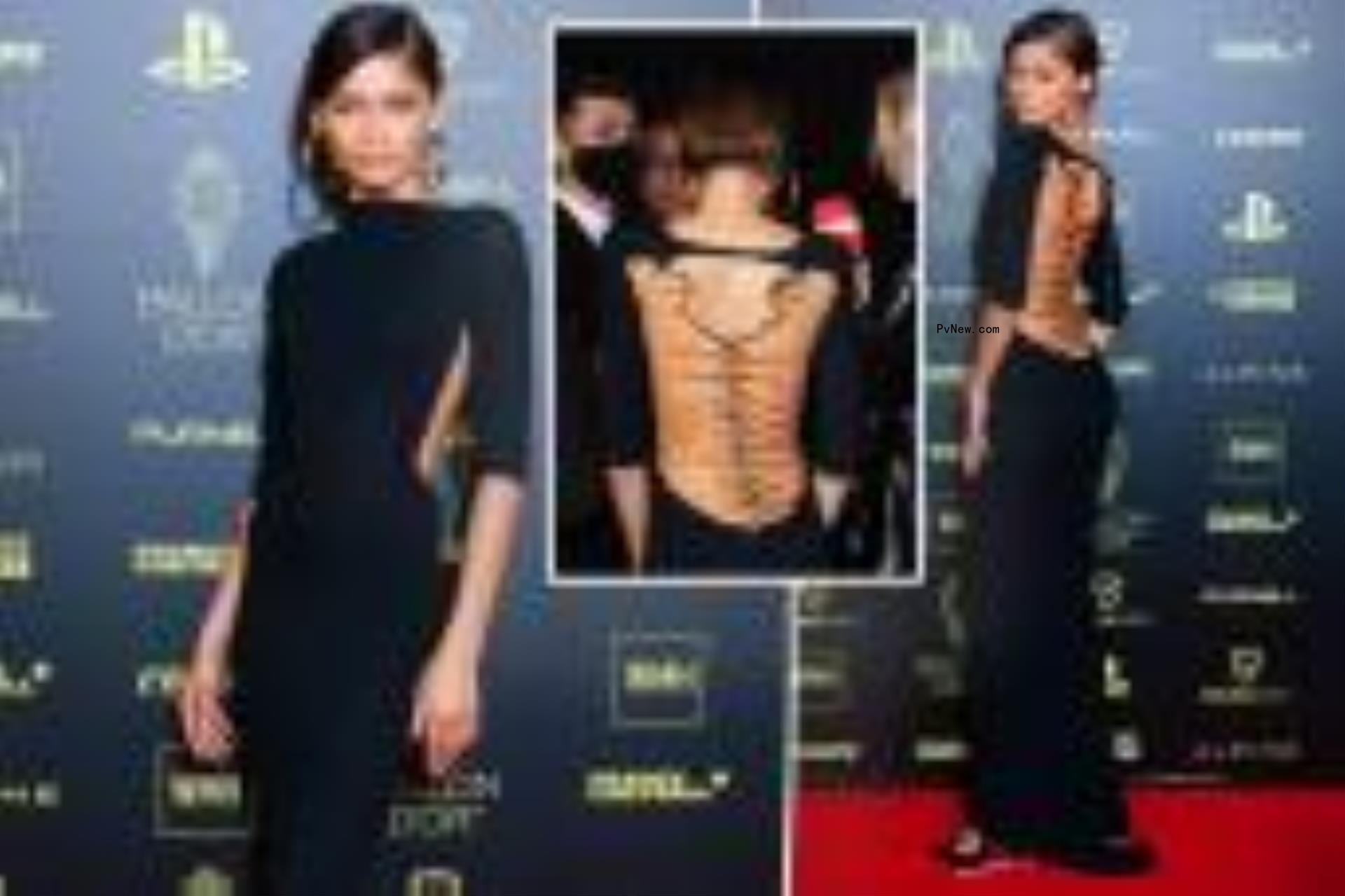 Zendaya wearing a black Roberto Cavalli dress