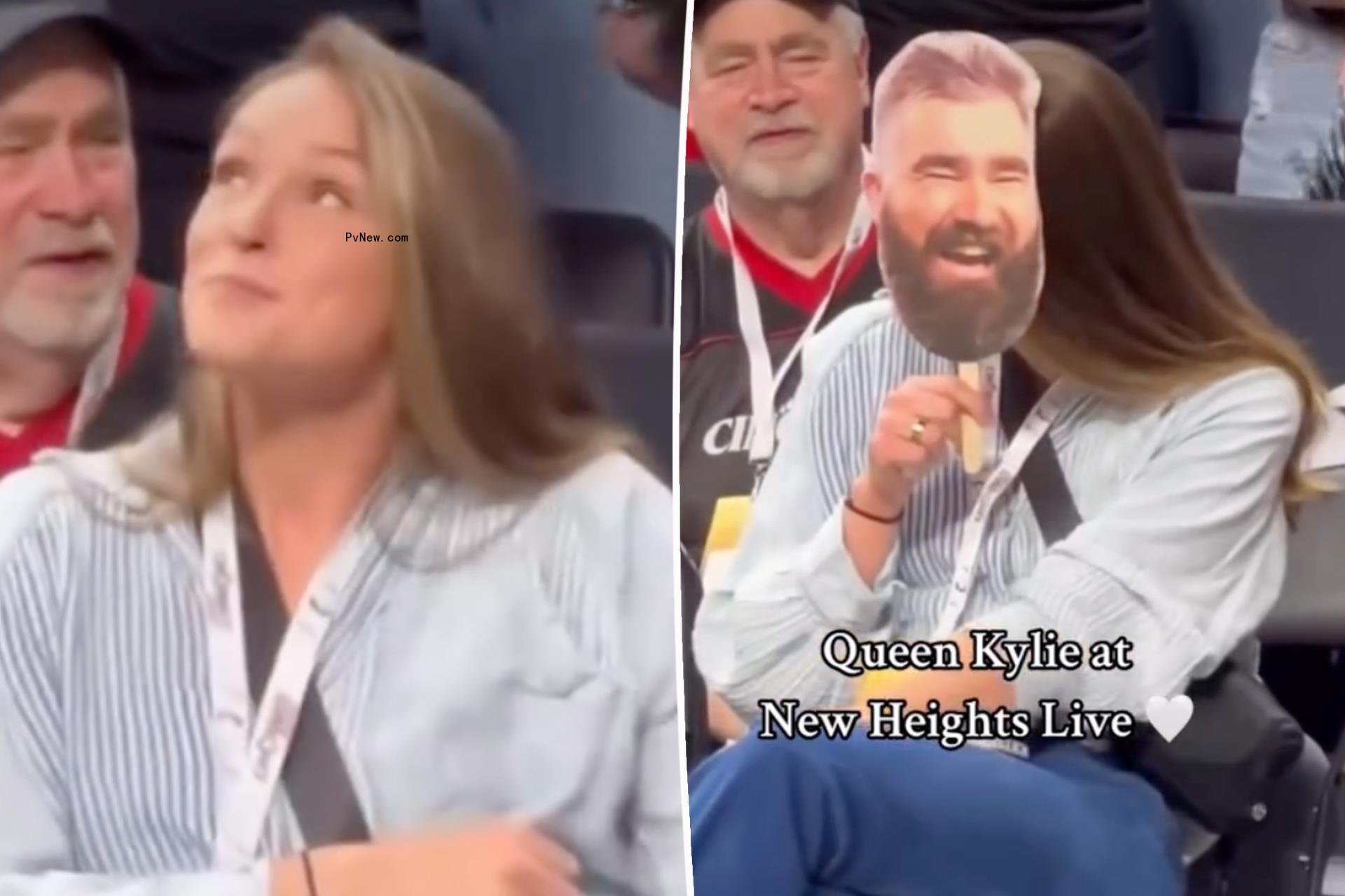 Jason Kelce’s wife, Kylie, tries to hide when put on spot during ‘New Heights’ live show