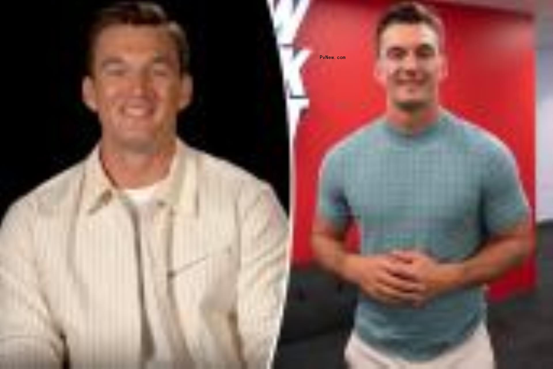 Two split photos of Tyler Cameron smiling