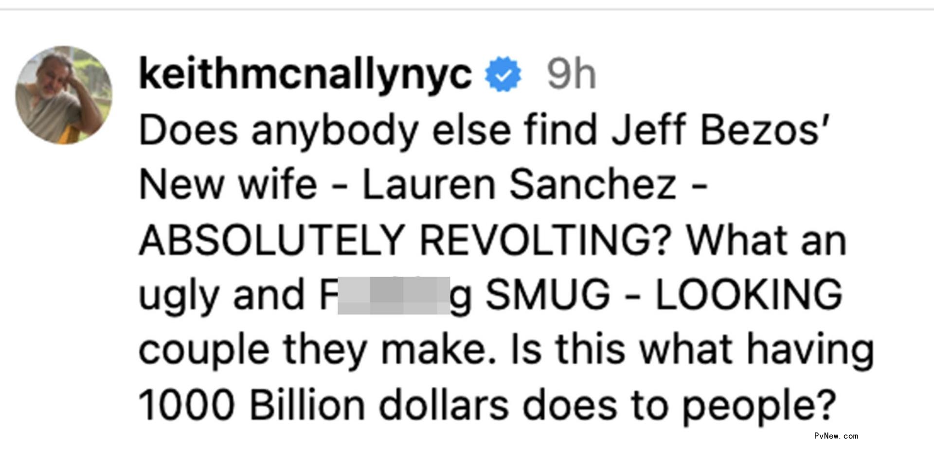 screenshot of keith mcnally's instagram comment a<i></i>bout lauren sanchez and jeff bezos