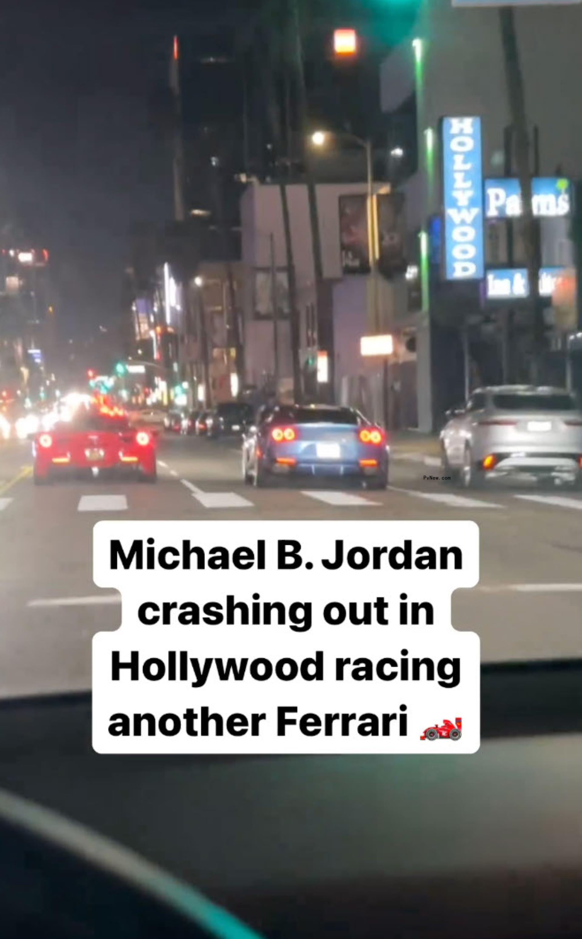 A video of Michael B. Jordan's Ferrari crashing into a parked car.
