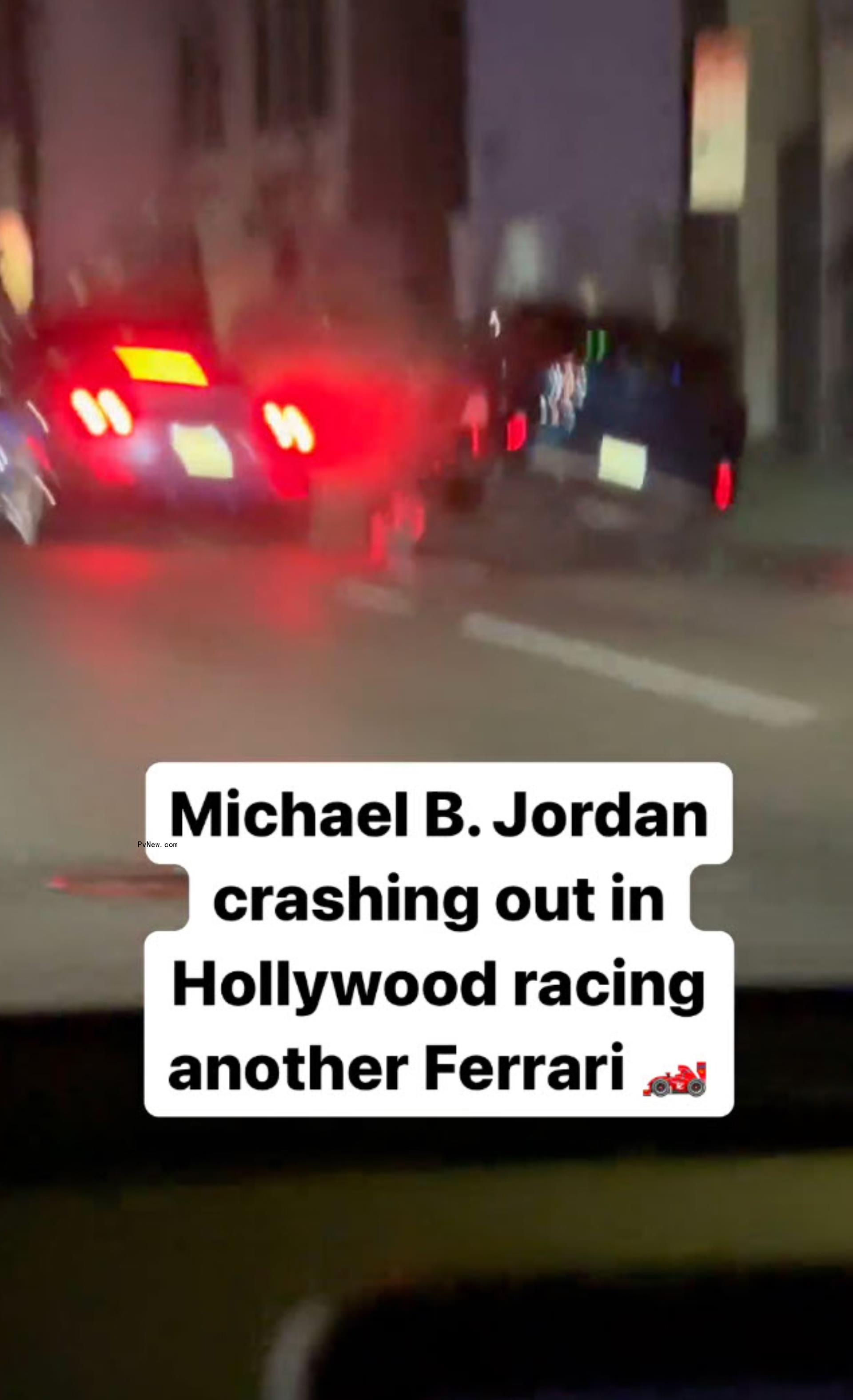 A video of Michael B. Jordan's Ferrari crashing into a parked car.