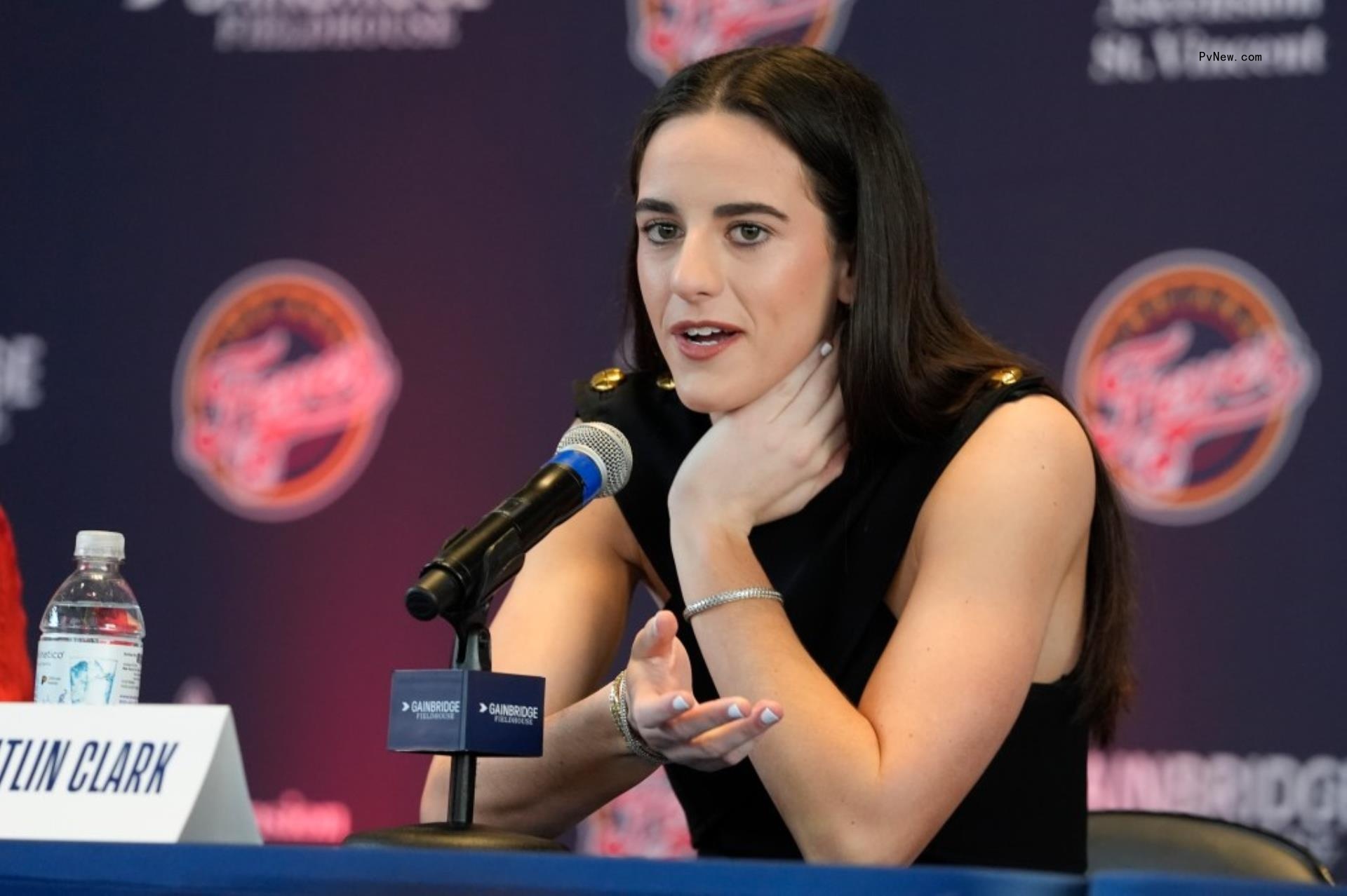 Caitlin Clark in a press conference. 