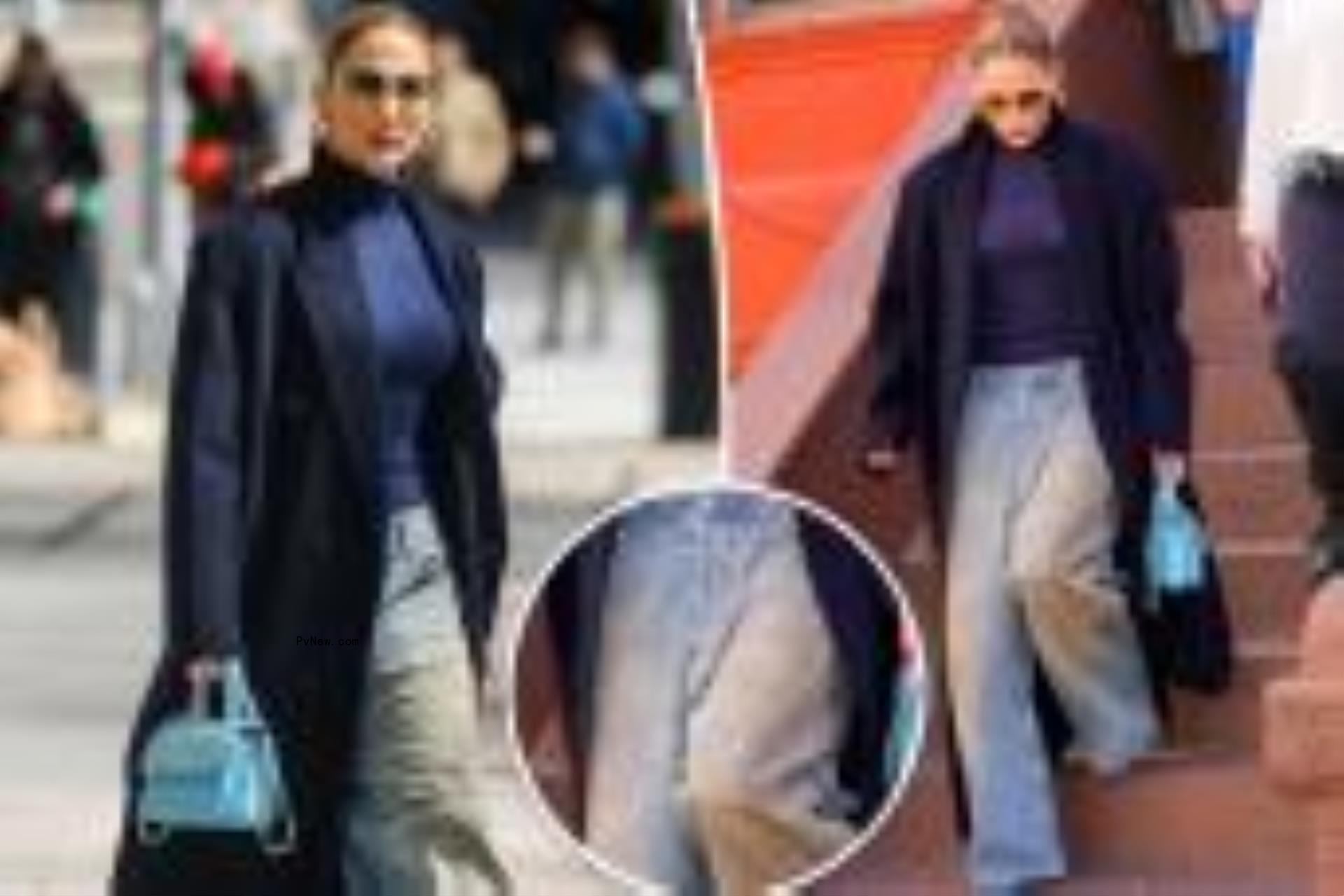 Two split photos of Jennifer Lopez walking in New York City and a small zoomed in photo of Lopez's dirty jeans