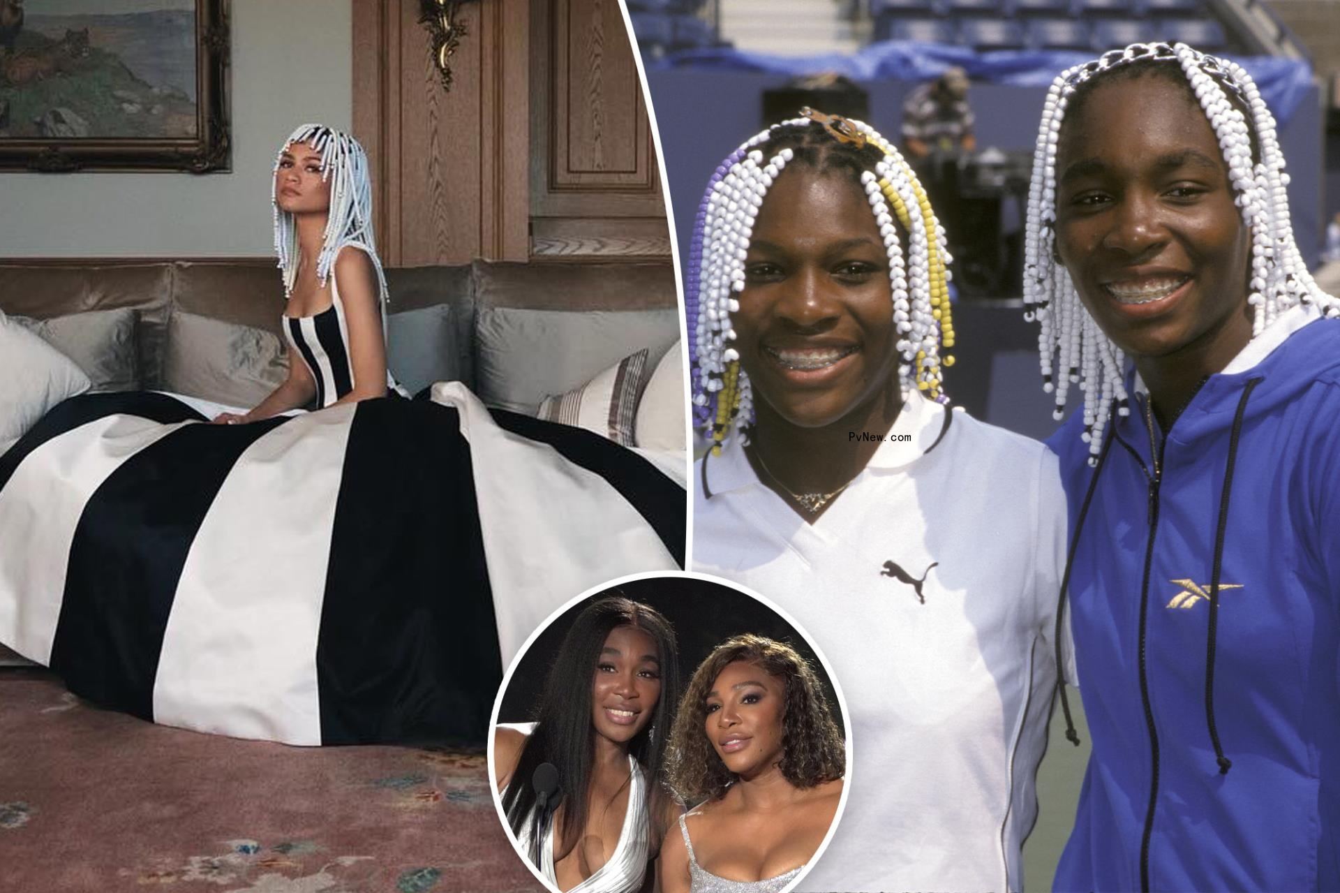 Zendaya ho<i></i>nors Venus and Serena Williams’ 1998 Vogue photoshoot with beaded braids and black-and-white gown