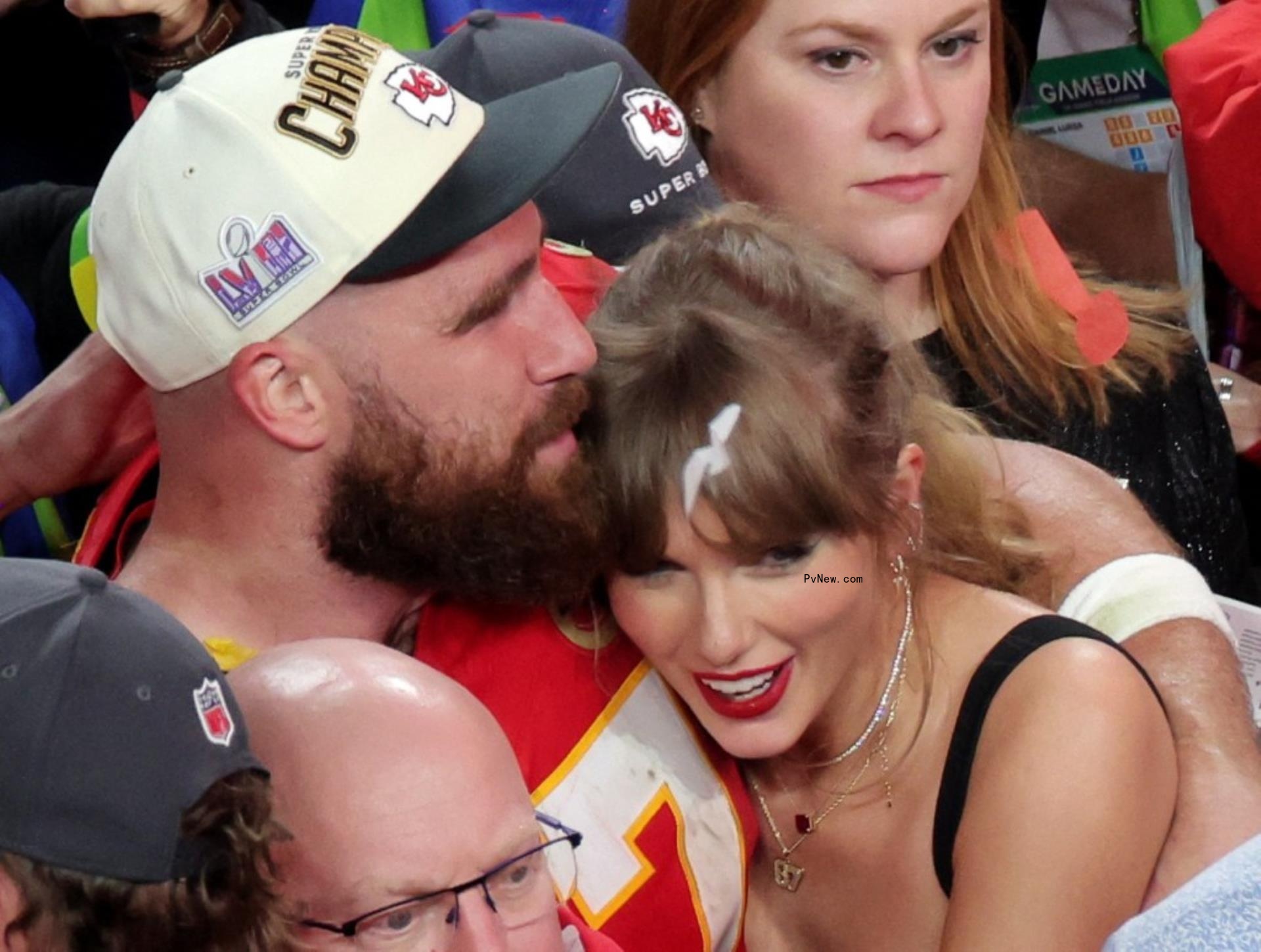Taylor Swift and Travis Kelce at the 2024 Super Bowl.