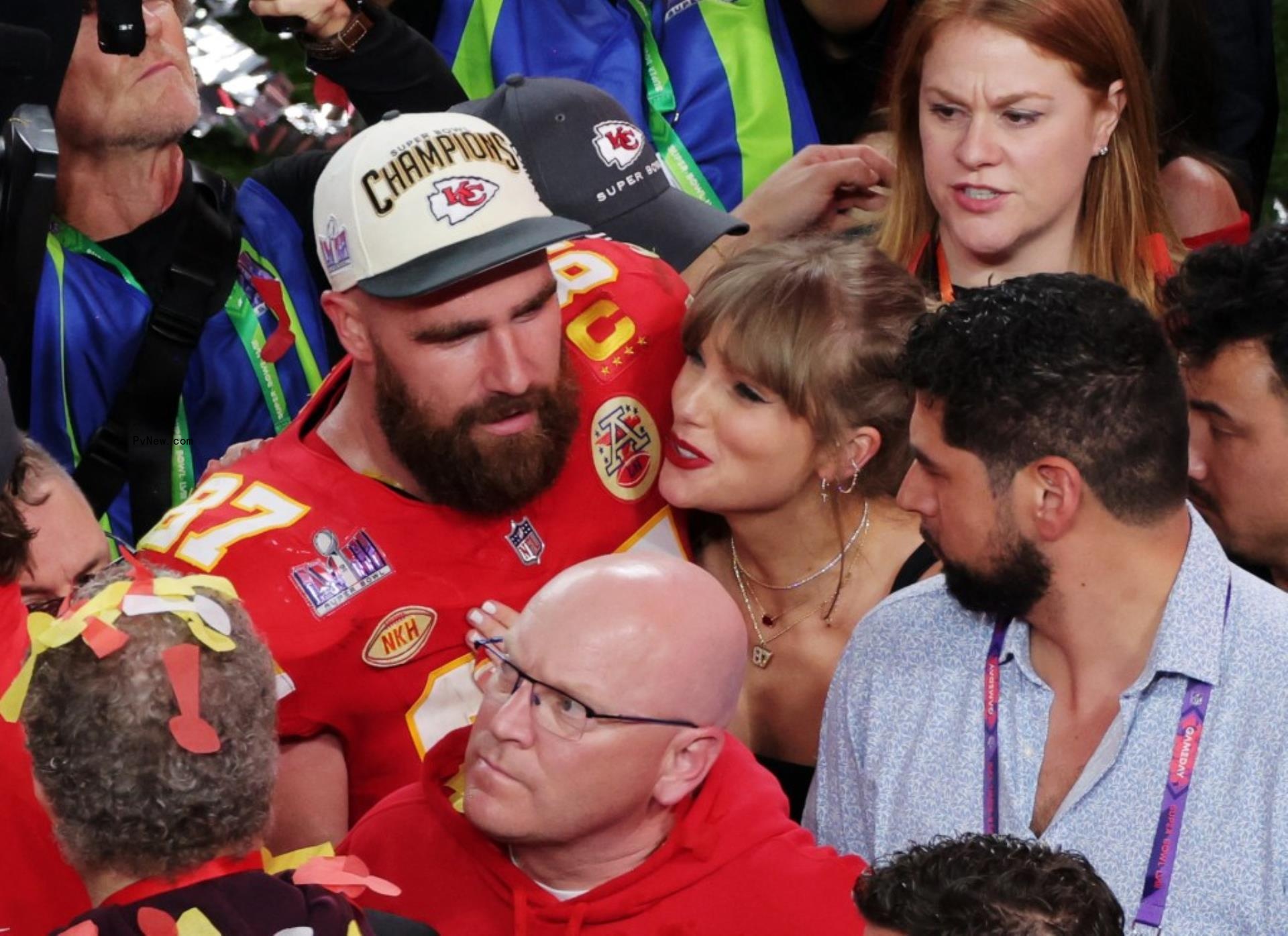 Travis Kelce and Taylor Swift at the 2024 Super Bowl.