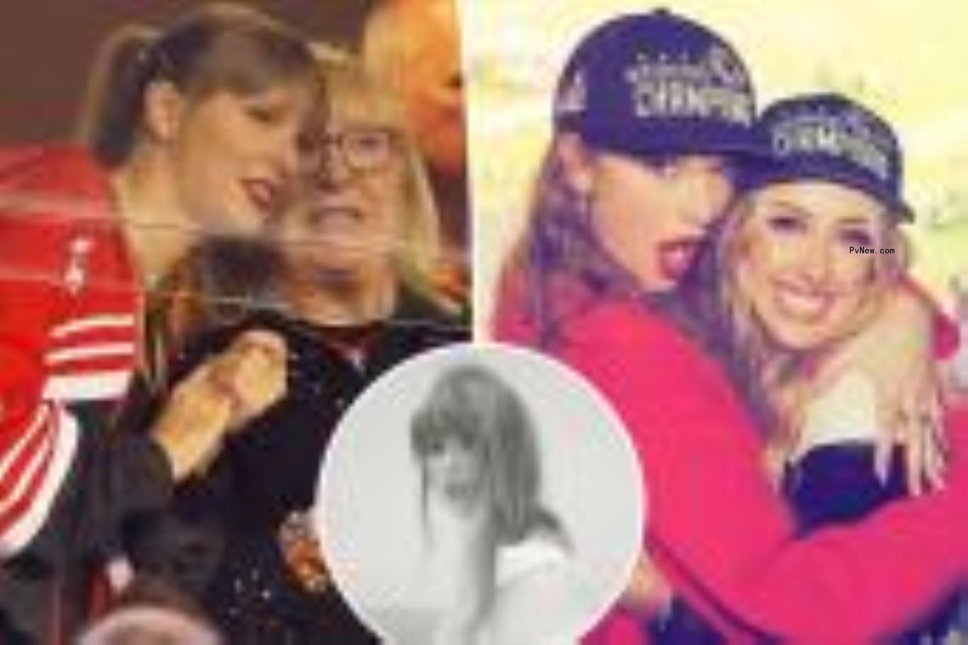 Brittany Mahomes, Do<i></i>nna Kelce with Taylor Swift split image.