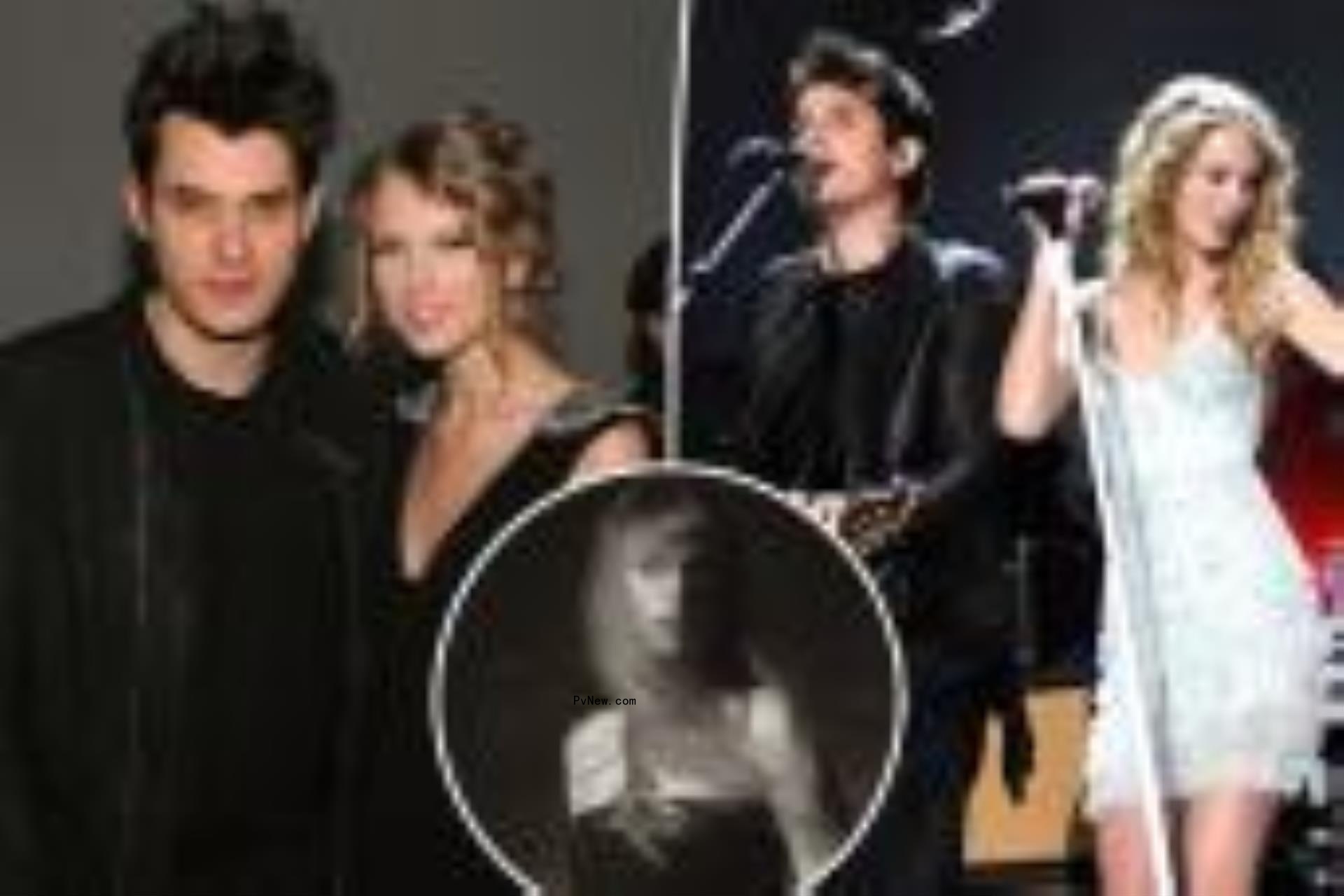 A split photo of John Mayer and Taylor Swift posing together and John Mayer and Taylor Swift singing and a small photo of Taylor Swift posing