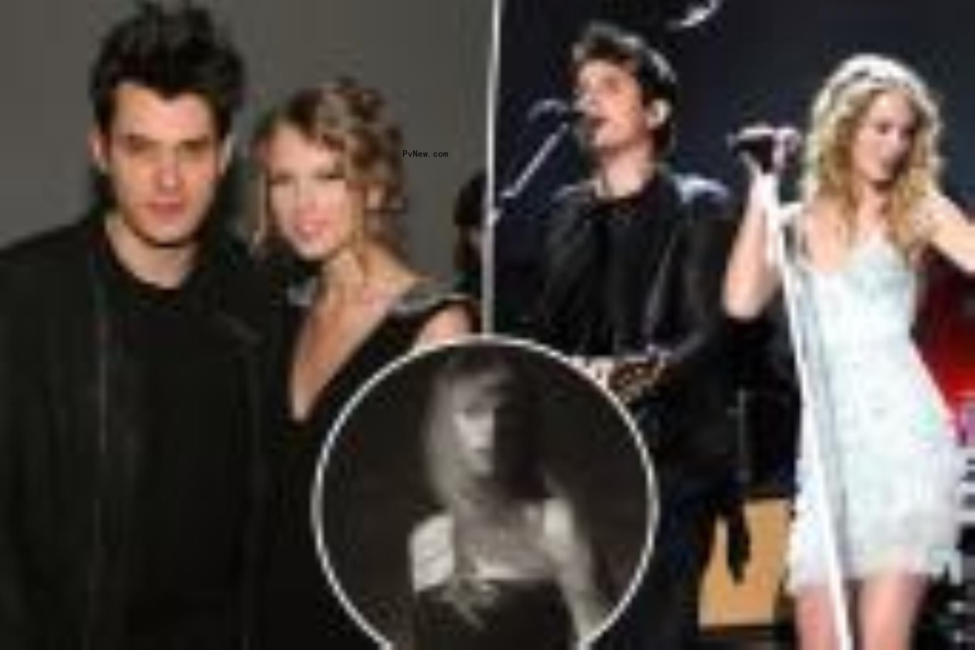 A split photo of John Mayer and Taylor Swift posing together and John Mayer and Taylor Swift singing and a small photo of Taylor Swift posing