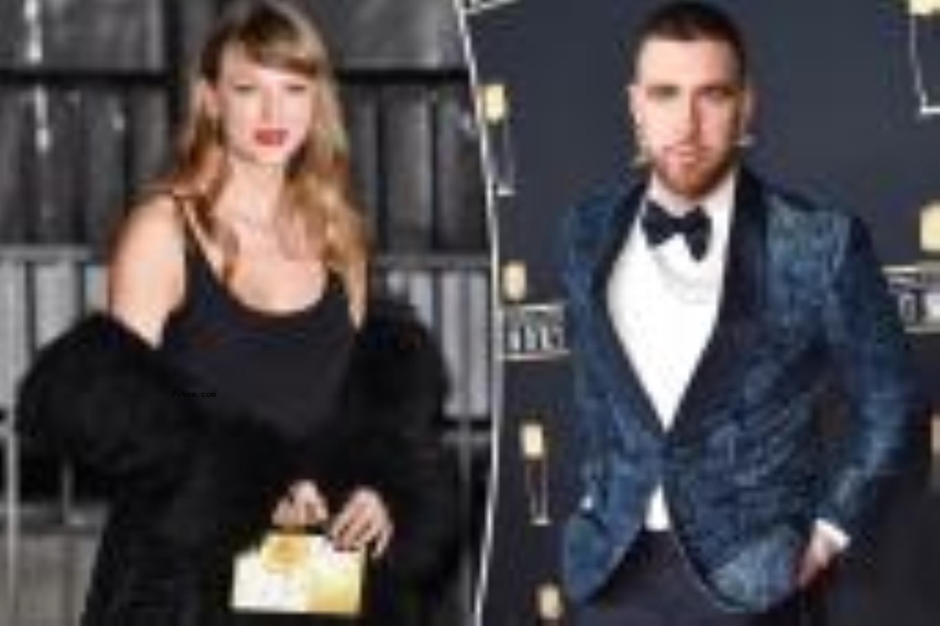 A split photo of Taylor Swift walking and Travis Kelce posing on a red carpet