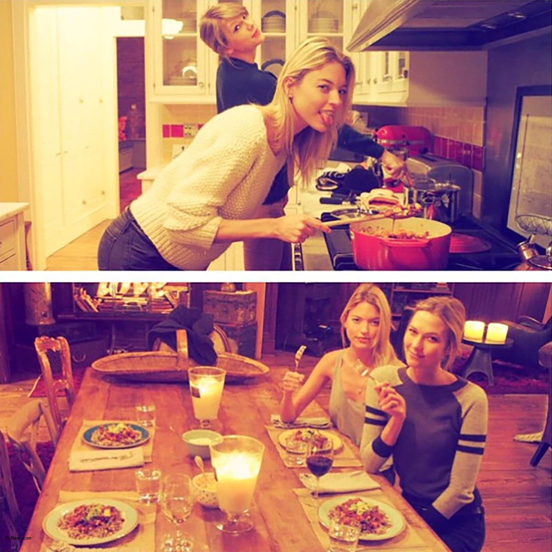 Taylor Swift cooking in her kitchen and sitting at her dining room table.