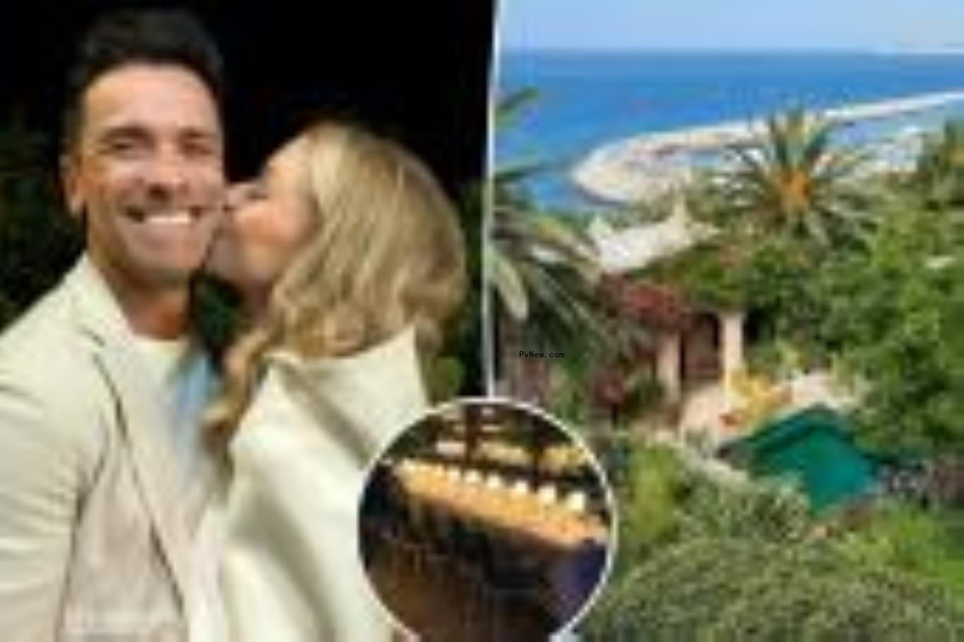 A split photo of a selfie of Kelly Ripa and Mark Co<i></i>nsuelos and Kelly Ripa's photo of her Morrocco hotel and a small photo of a long table