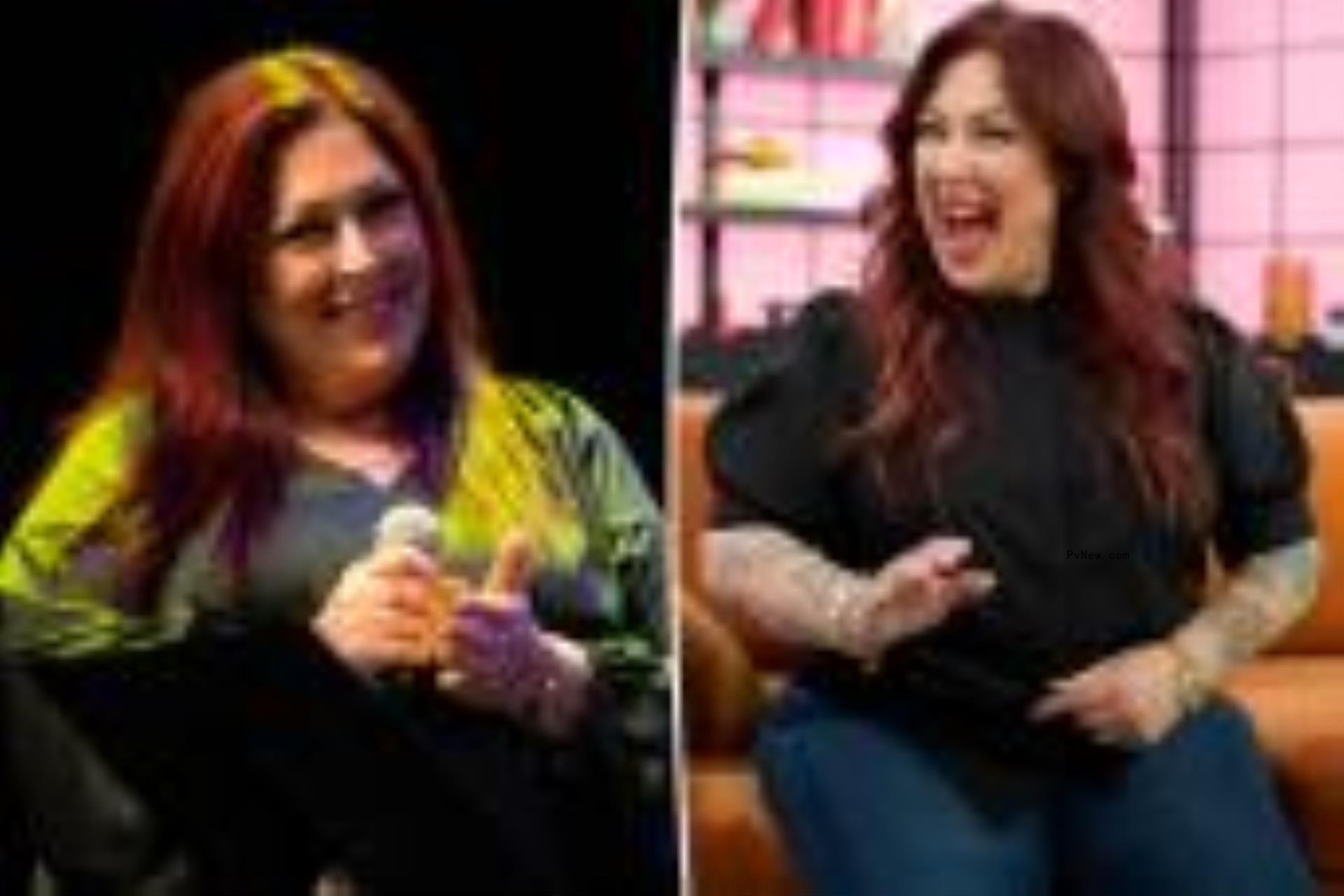 Carnie Wilson with microphone on left, Carnie Wilson laughing on right