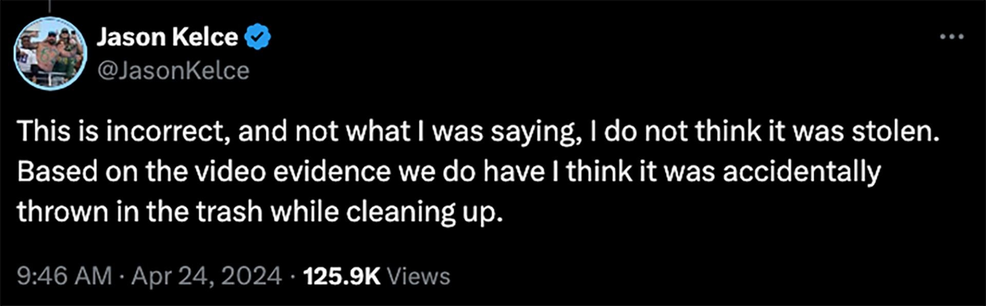 Jason Kelce's tweet a<i></i>bout his Super Bowl ring.