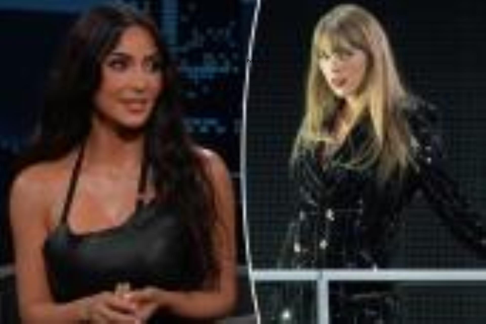 Kim Kardashian split image with Taylor Swift.