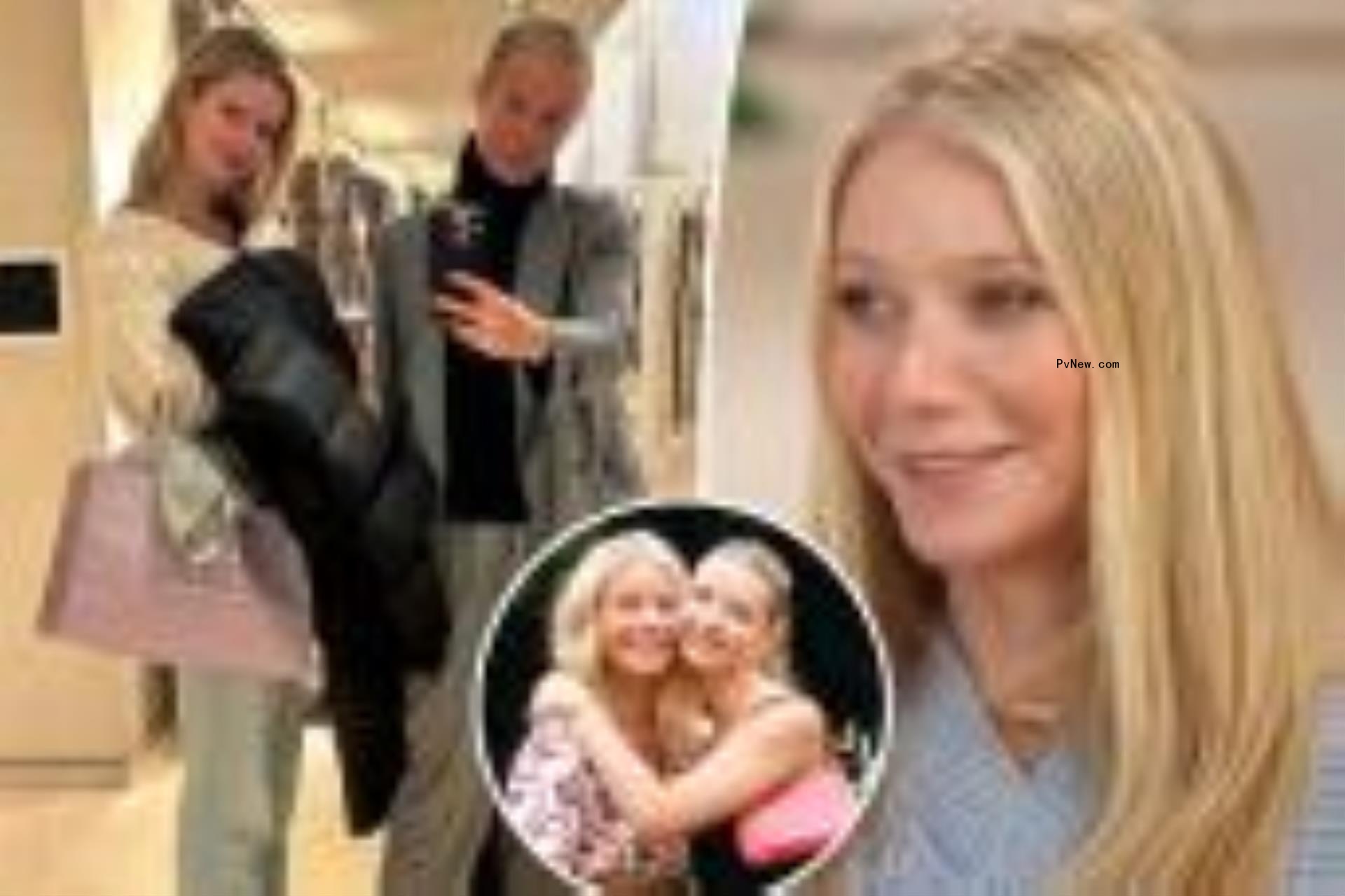 A split photo of a mirror selfie of Gwyneth Paltrow and Apple Martin and Gwyneth Paltrow talking and Gwyneth Paltrow hugging Apple Martin