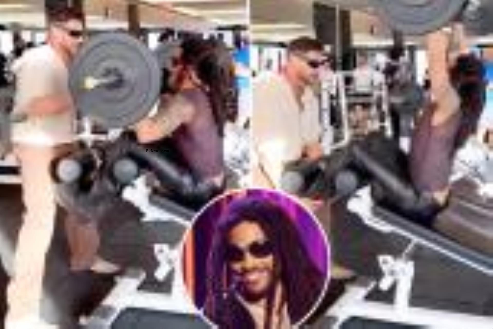 Lenny Kravitz split image while working out.