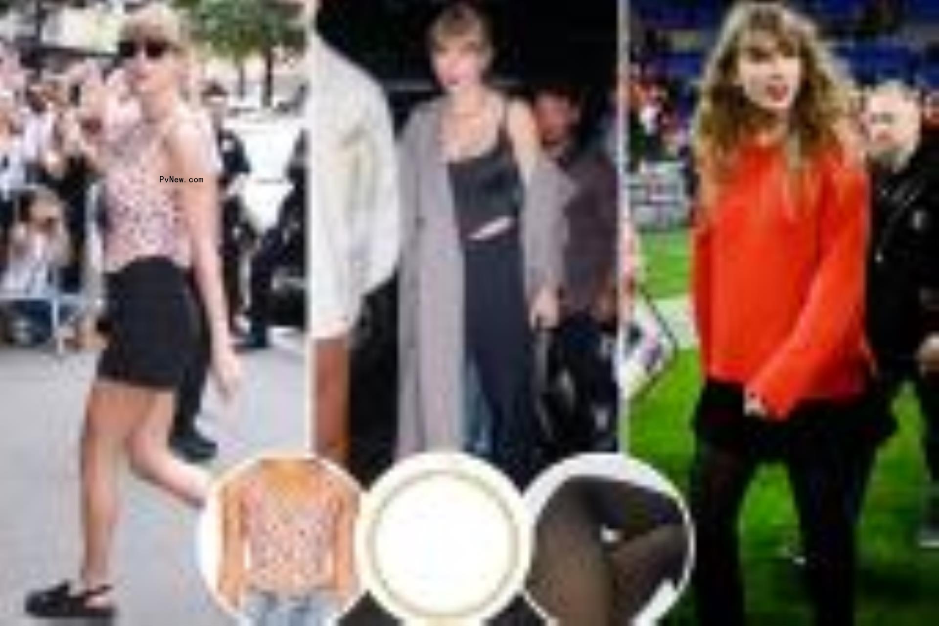 Three photos of Taylor Swift with insets of a tank top, necklace and tights