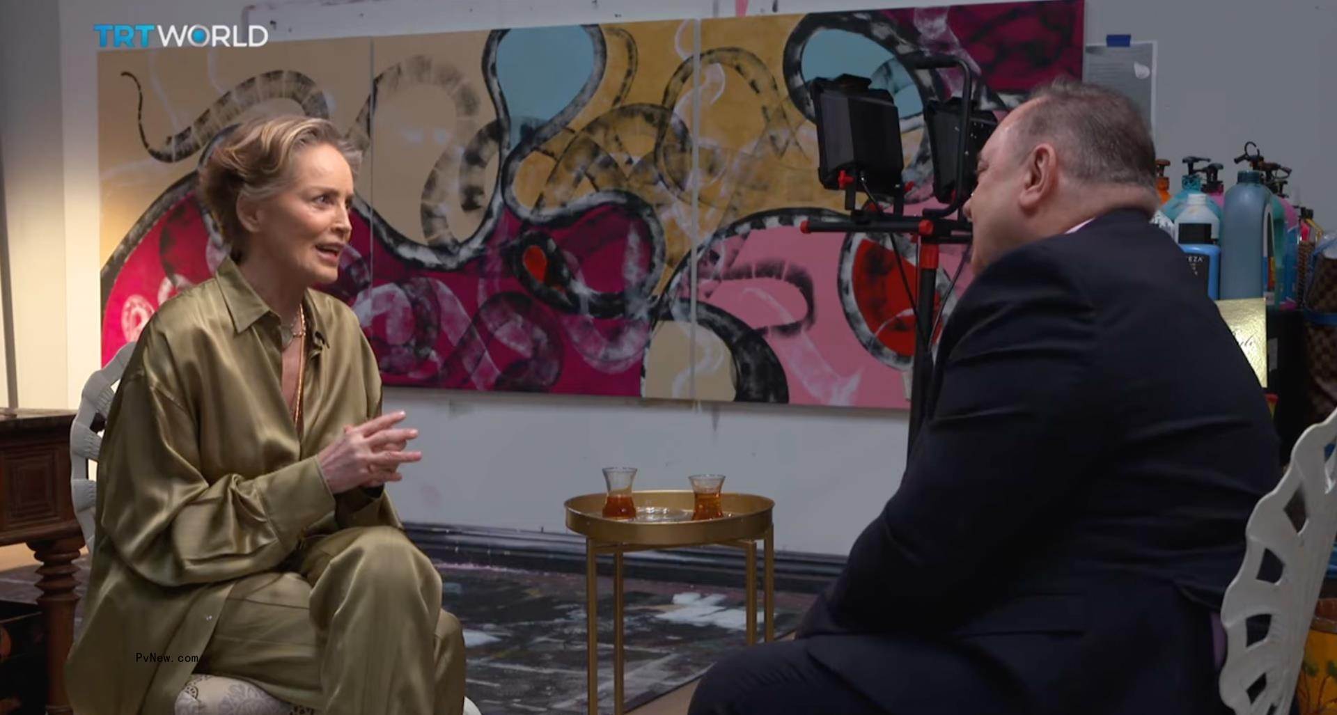 Sharon Stone getting interviewed.