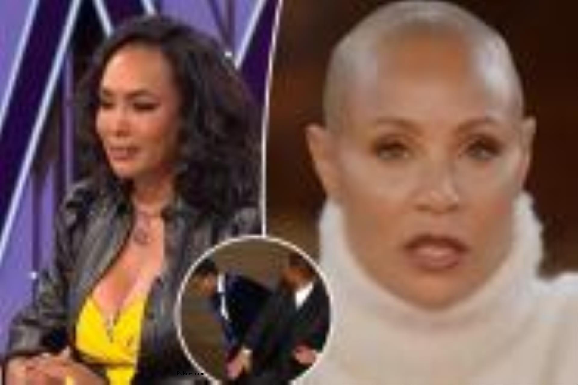 A split of Vivica A. Fox crying, Jada Pinkett Smith speaking and Will Smith slapping Chris Rock in the inset.