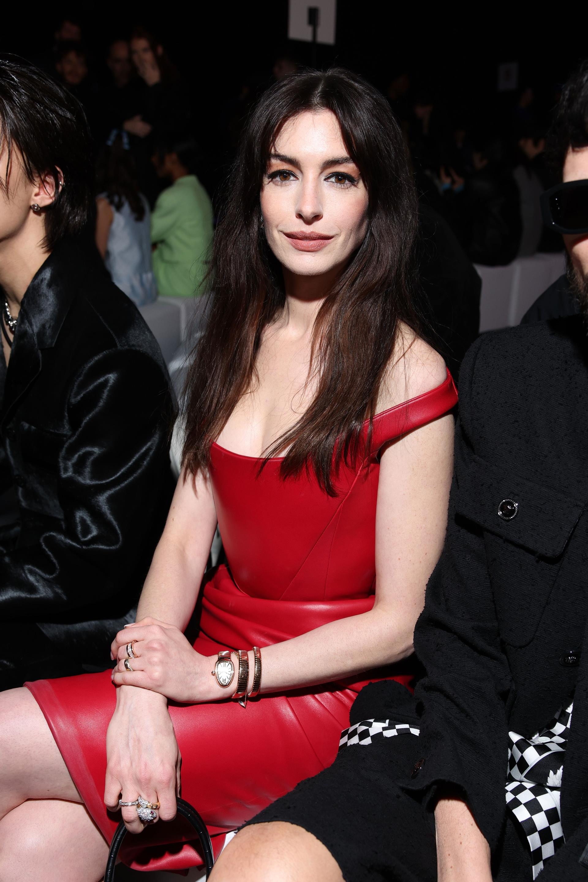 Anne Hathaway in a red dress.