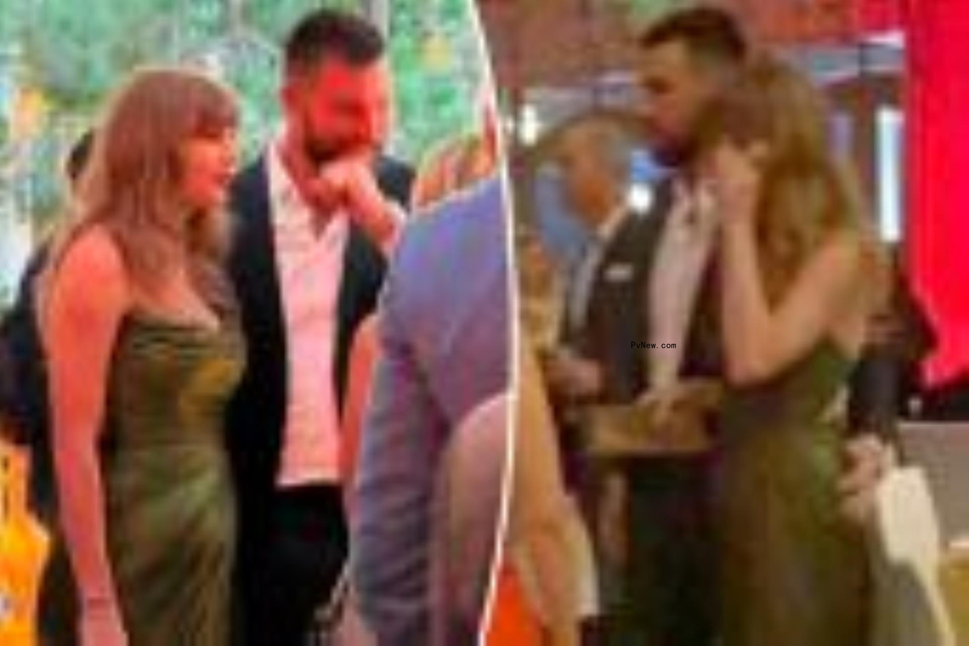 Two split photos of Travis Kelce and Taylor Swift standing with each other at a gala