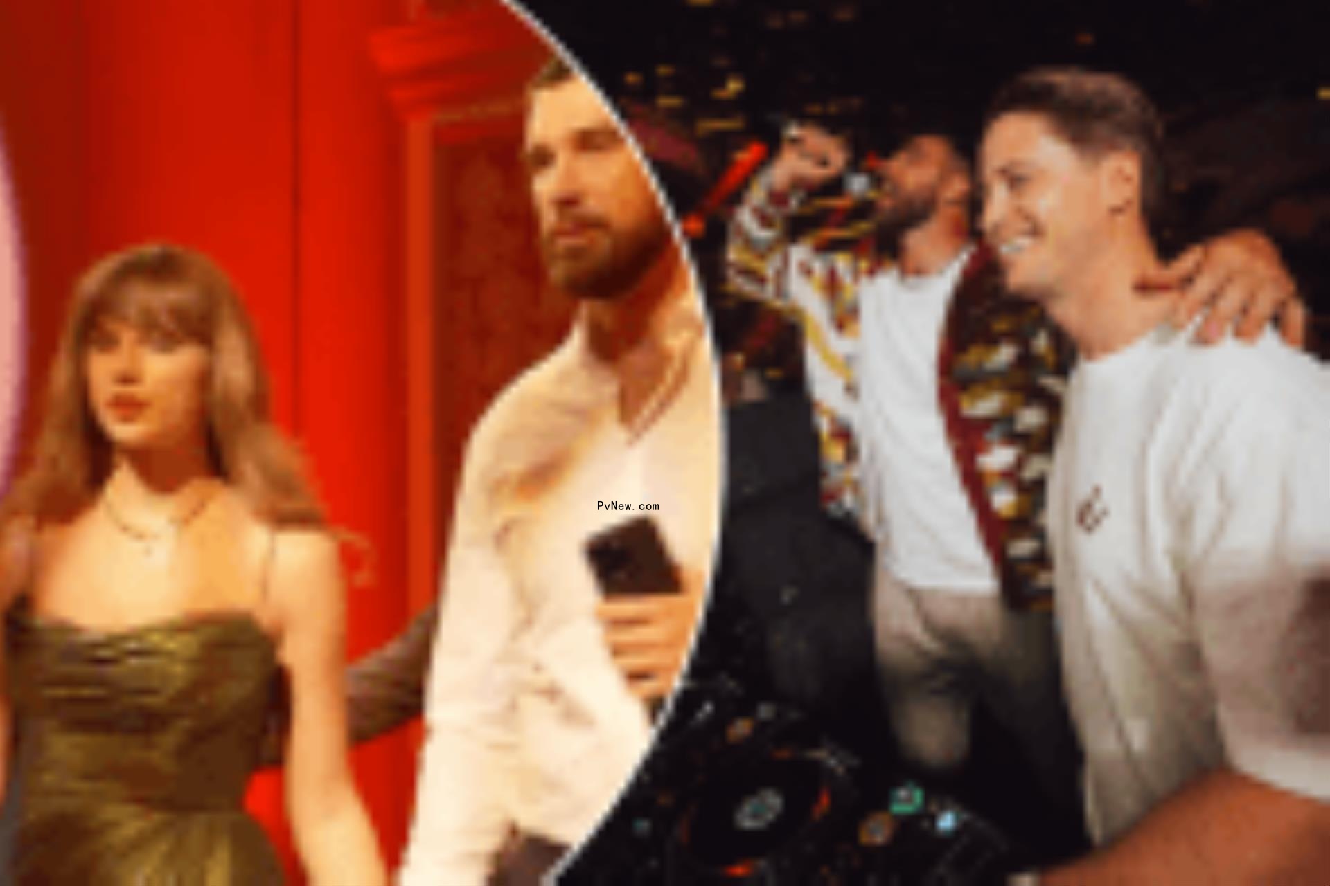 Taylor Swift and Travis Kelce with Patrick and Brittany Mahomes split image.