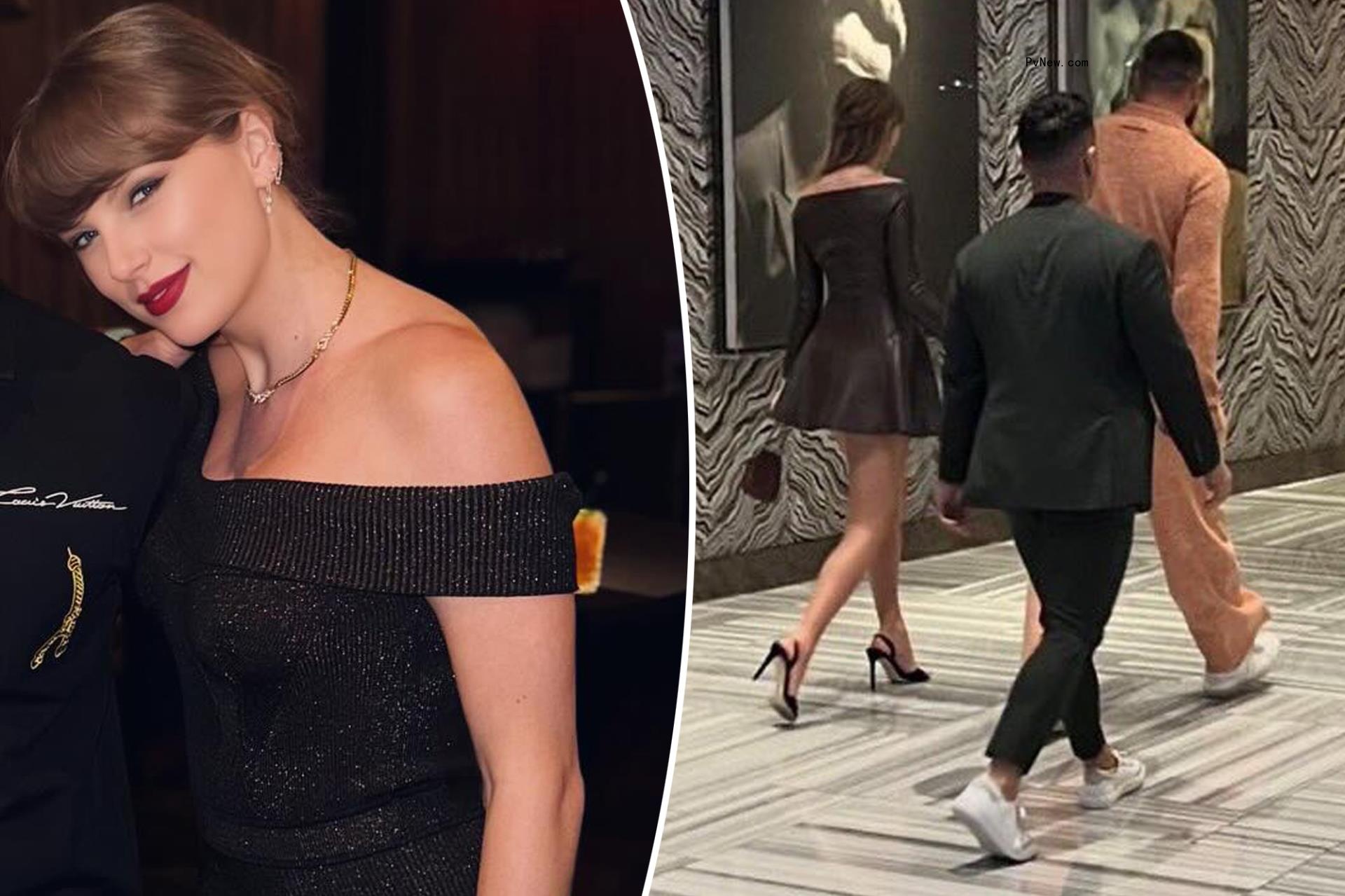Taylor Swift shows off some shoulder in black leather minidress during Las Vegas trip with Travis Kelce
