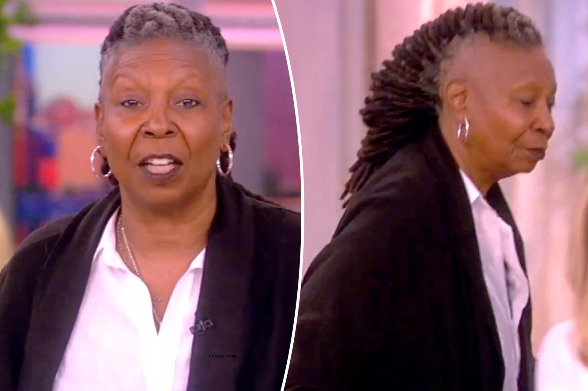 A split photo of Whoopi Goldberg talking on 