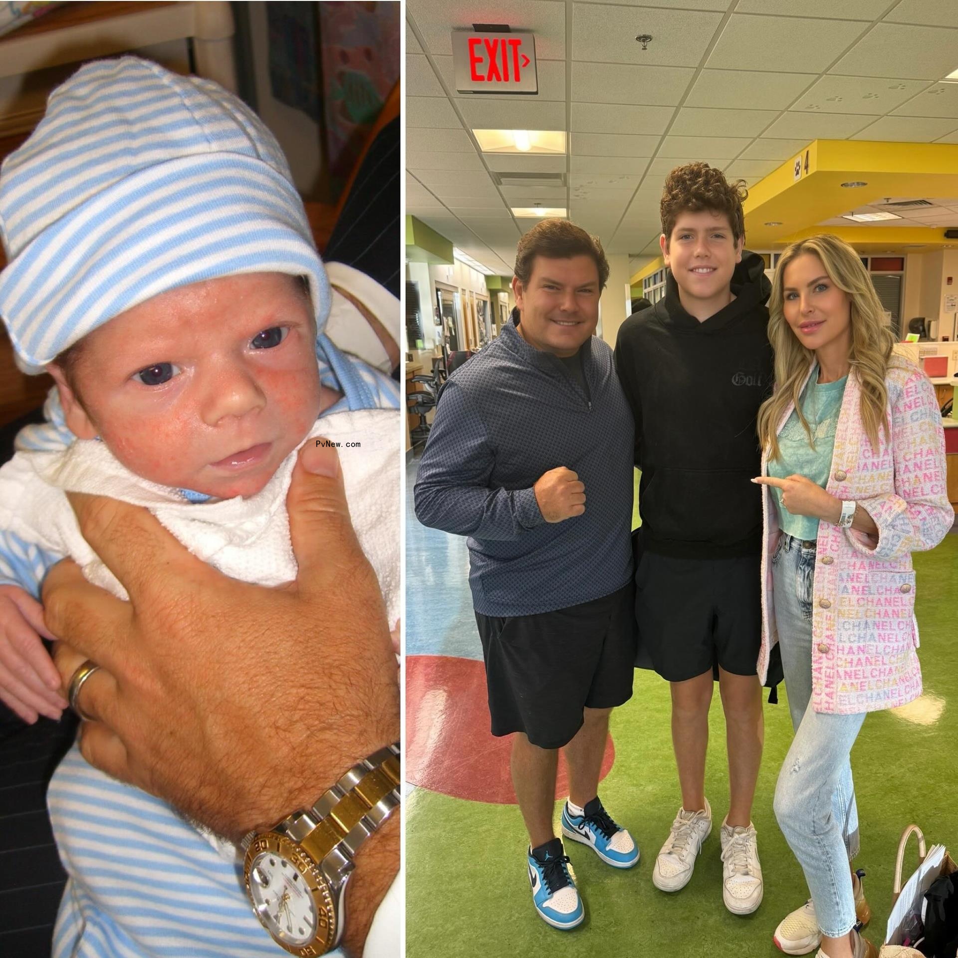 split photo of baby paul baier and paul baier today in hospital with parents