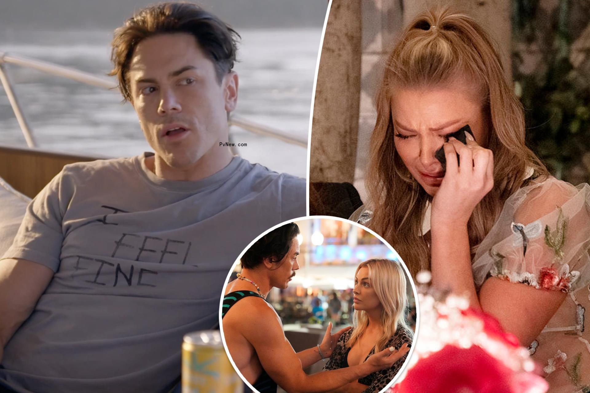 Tom Sandoval, Ariana Madix split image with inset of Lala Kent.
