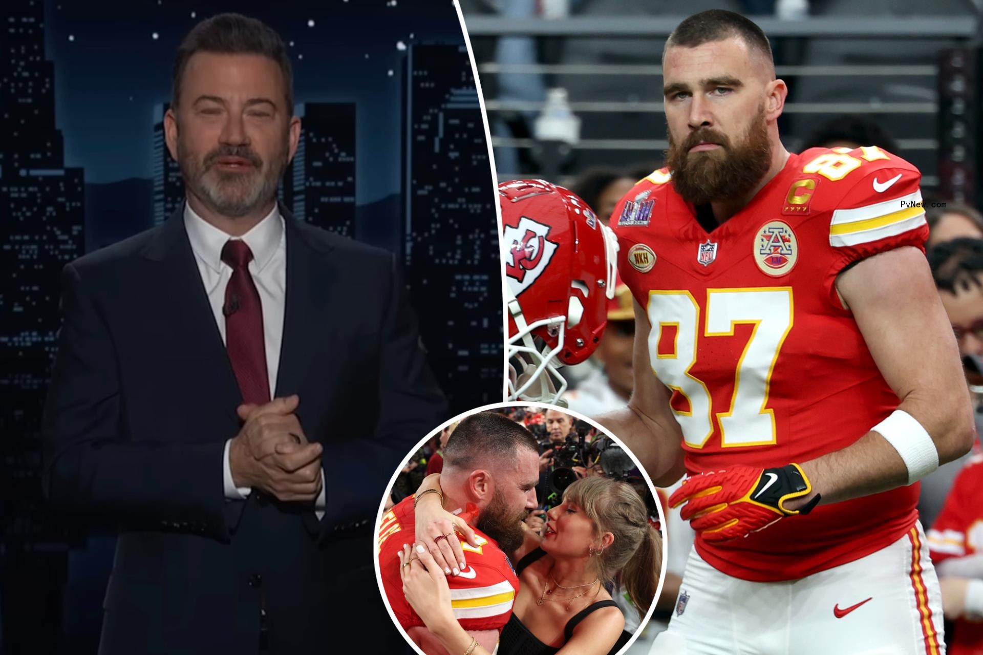 Jimmy Kimmel roasts Travis Kelce as billio<i></i>naire Taylor Swift’s ‘broke boyfriend’ after $34M Chiefs deal