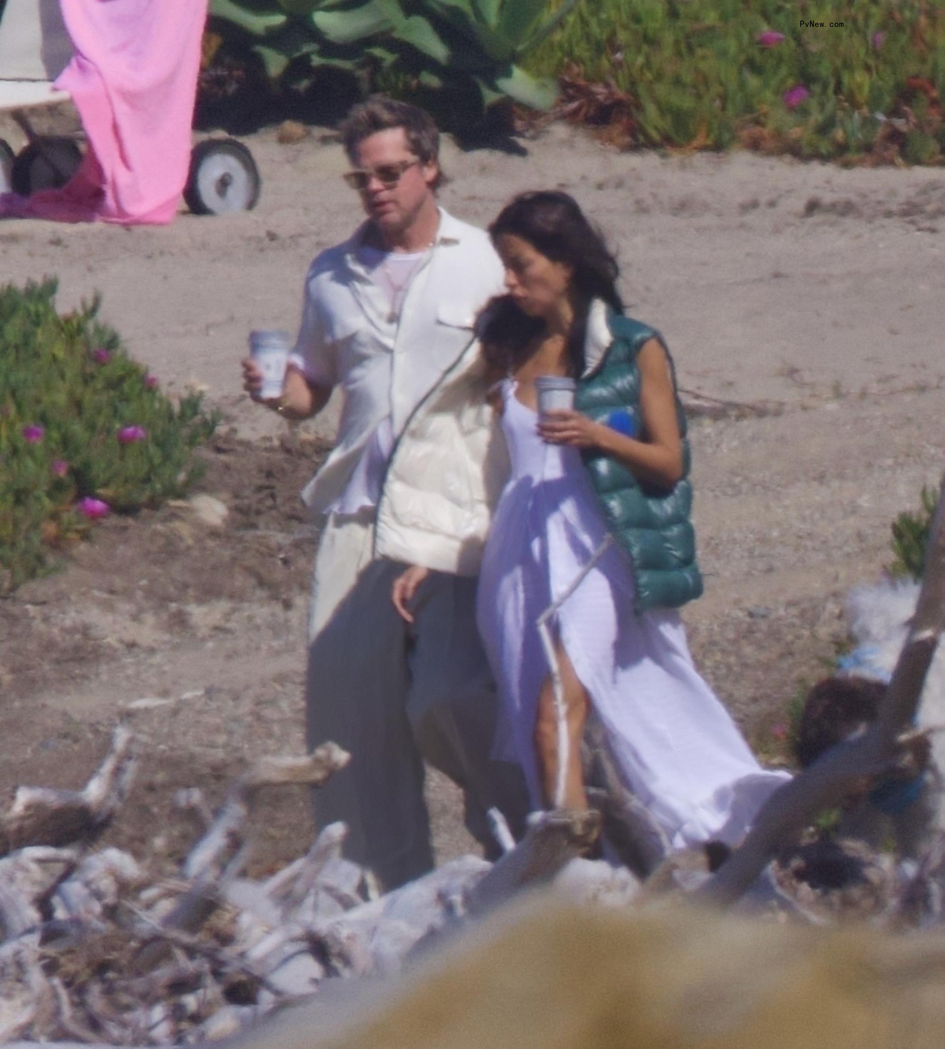 Brad Pitt and Ines de Ramon walking on the beach in Santa Barbara, Calif.