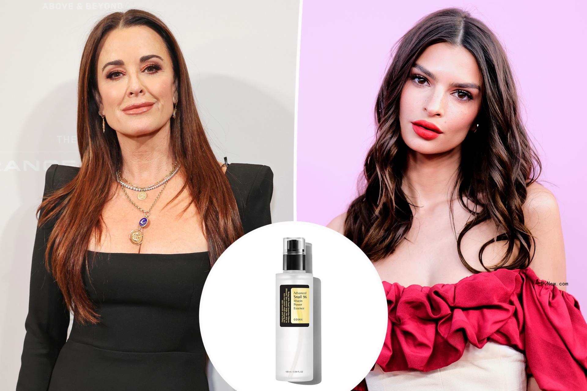Kyle Richards and Emily Ratajkowski with an inset of snail mucin skincare