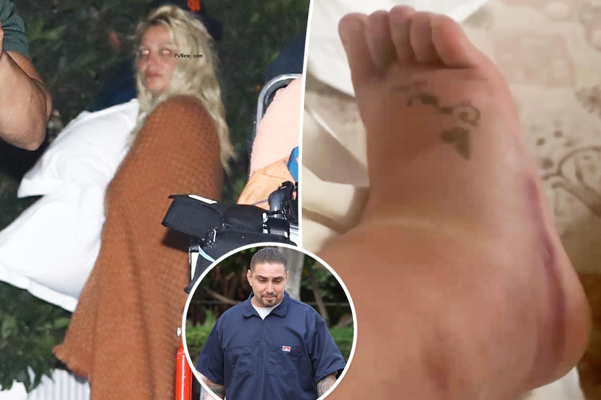 Britney Spears split image with her feet and Paul Soliz.