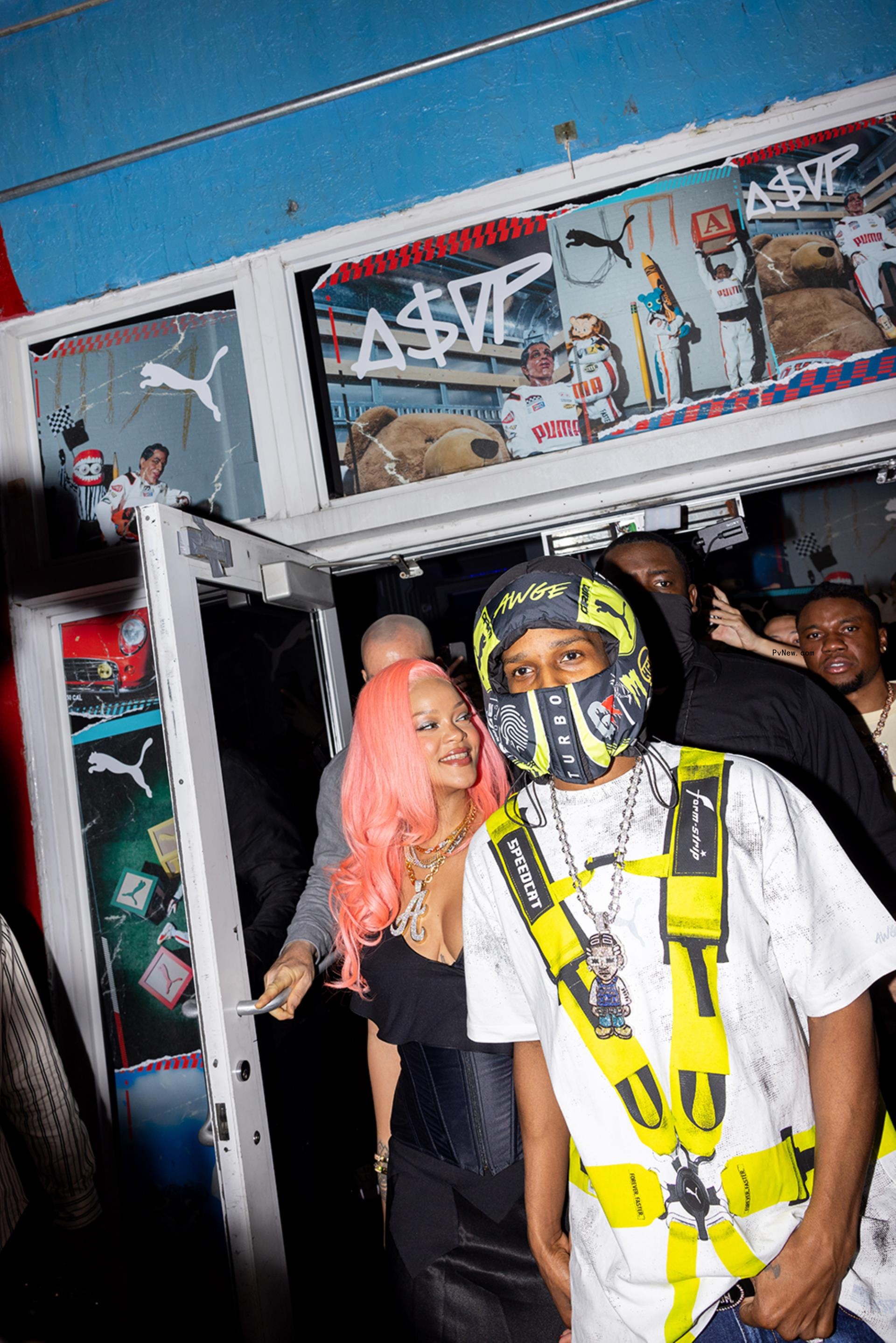 Rihanna with pink hair and A$AP Rocky in Miami at a Puma event.