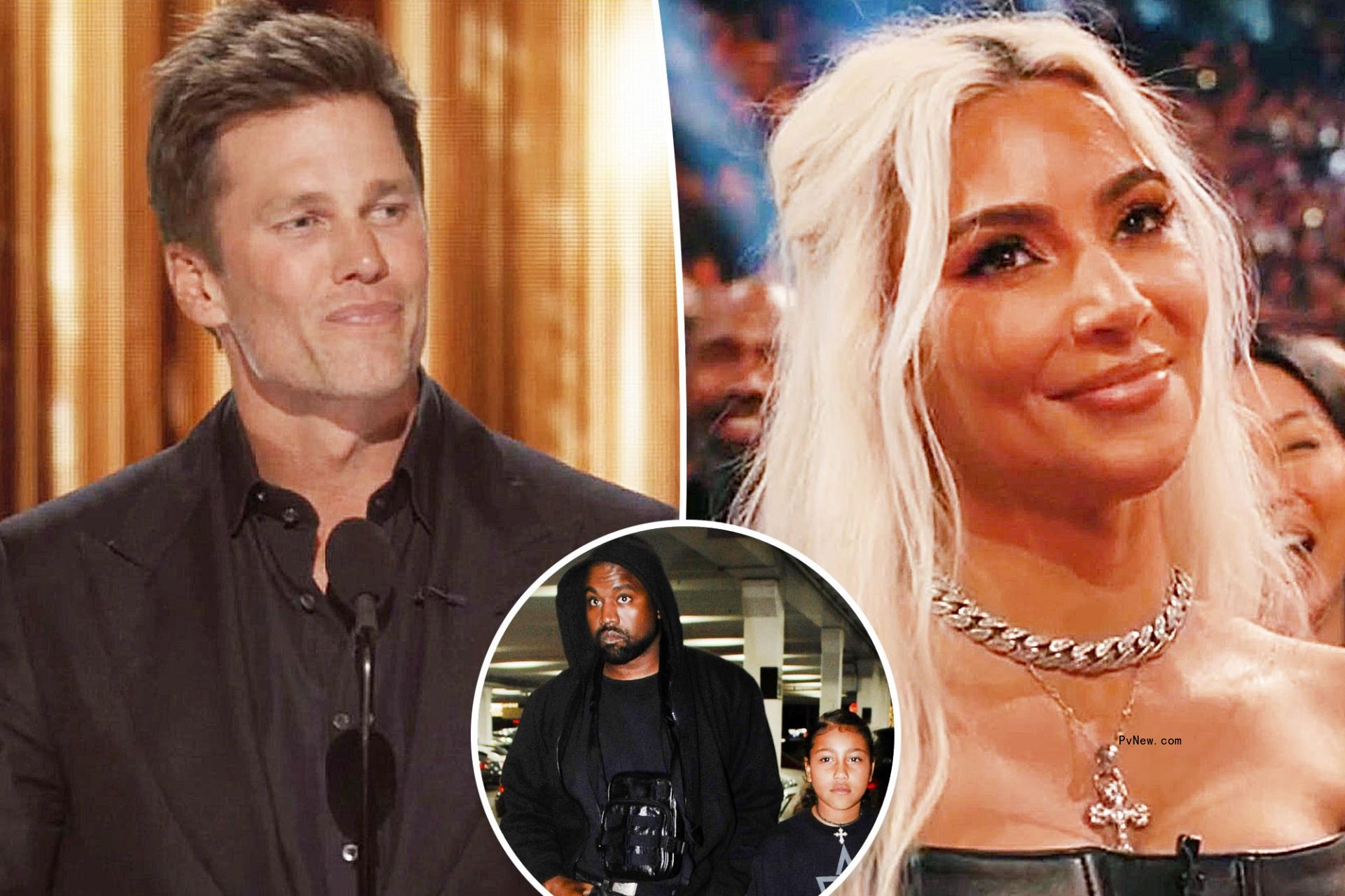 Tom Brady, split with Kim Kardashian, as well as a Kanye West inset