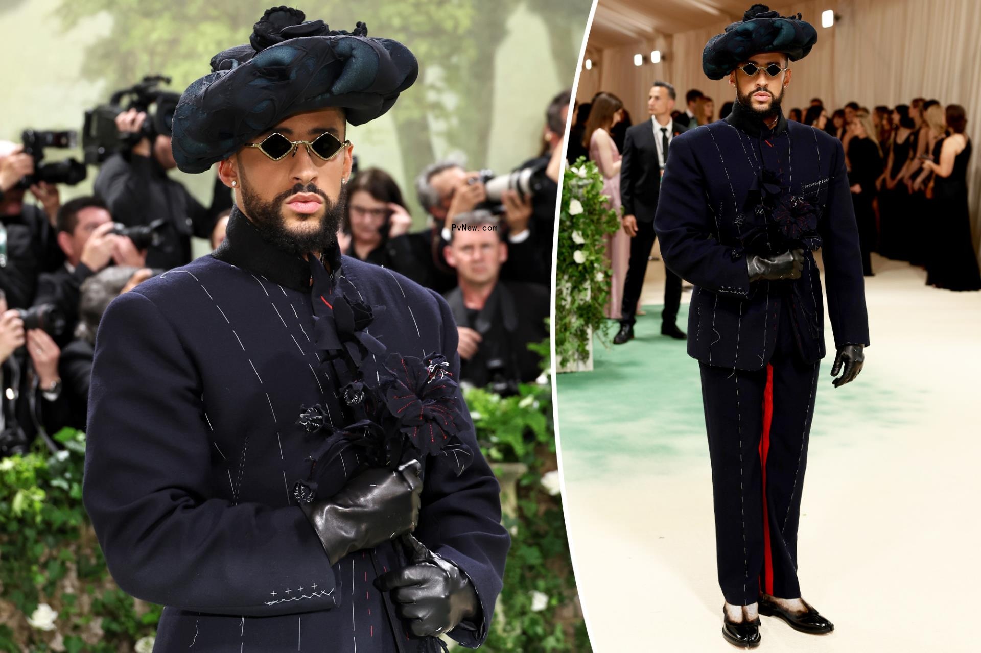 Two split photos of Bad Bunny at the 2024 Met Gala red carpet