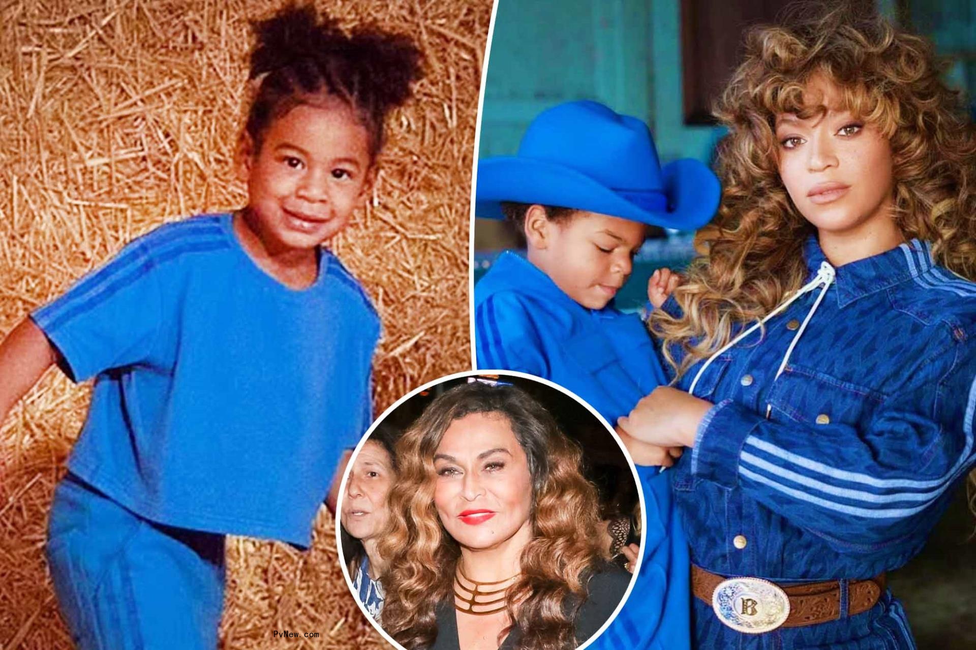 A split photo of Rumi Carter and Beyoncé holding Sir Carter and a small photo of Tina Knowles