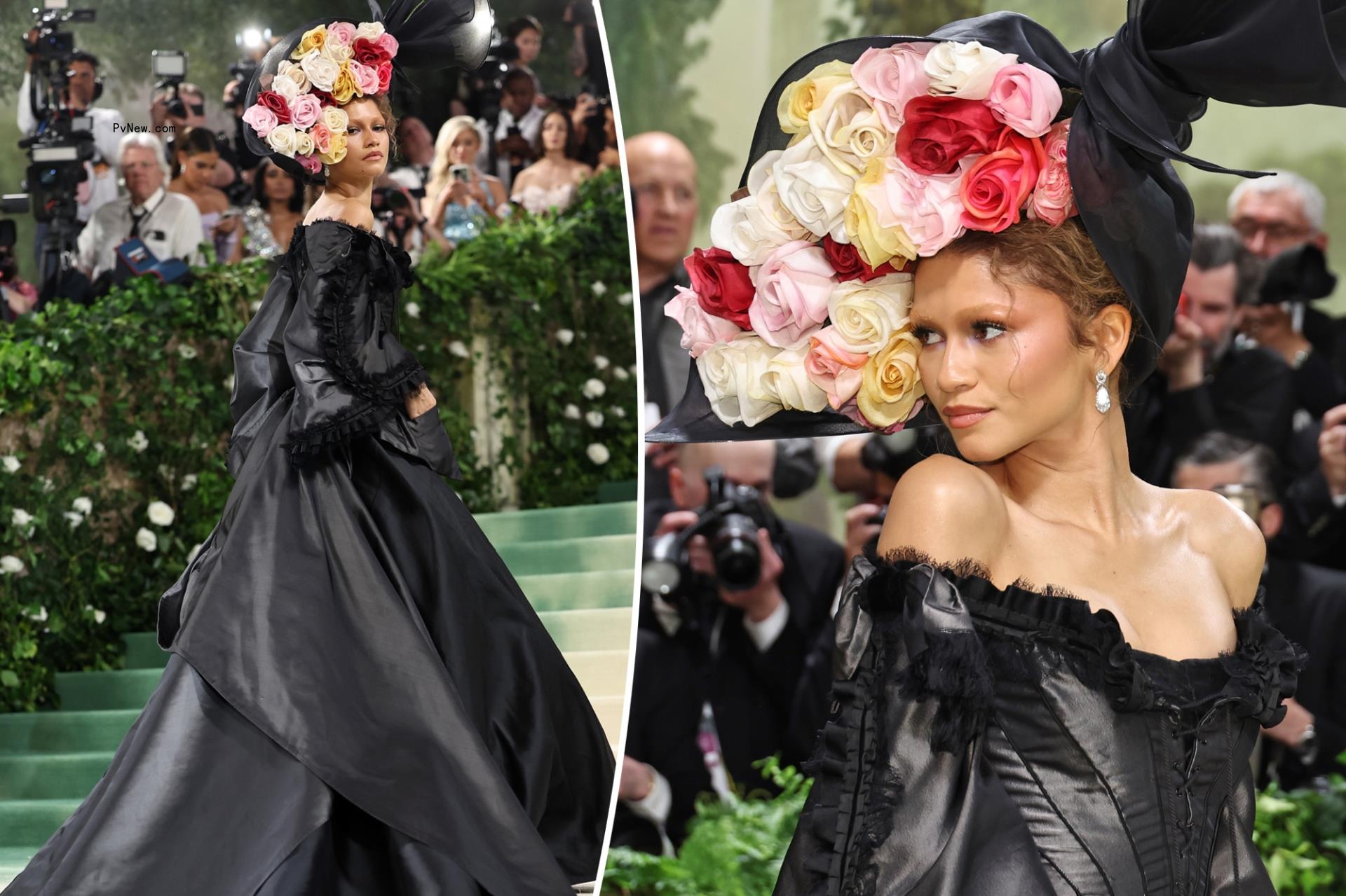 Zendaya changes into second outfit with giant train and flower hat on Met Gala 2024 red carpet