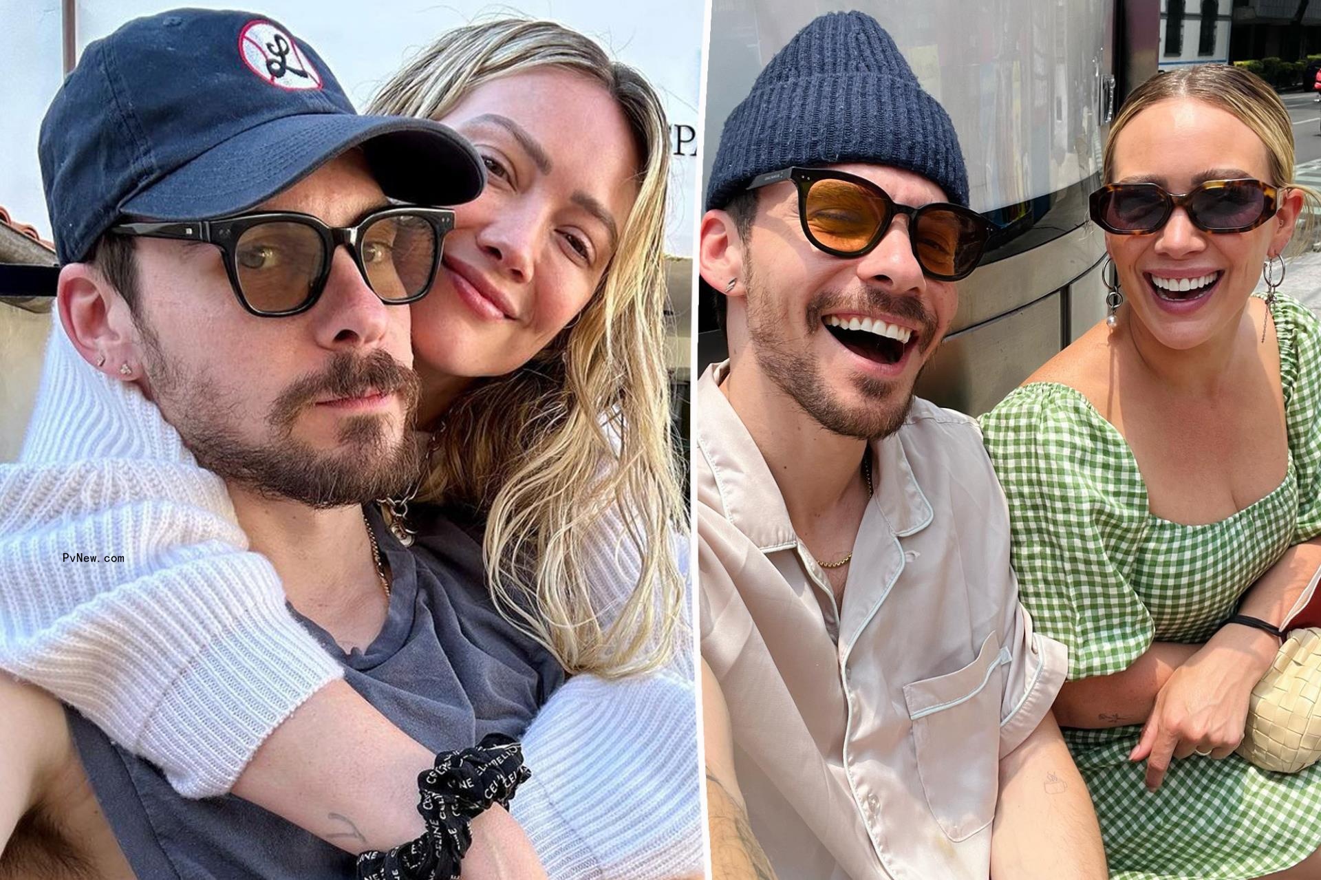 A split with two images of Hilary Duff and her husband, Matthew Koma.