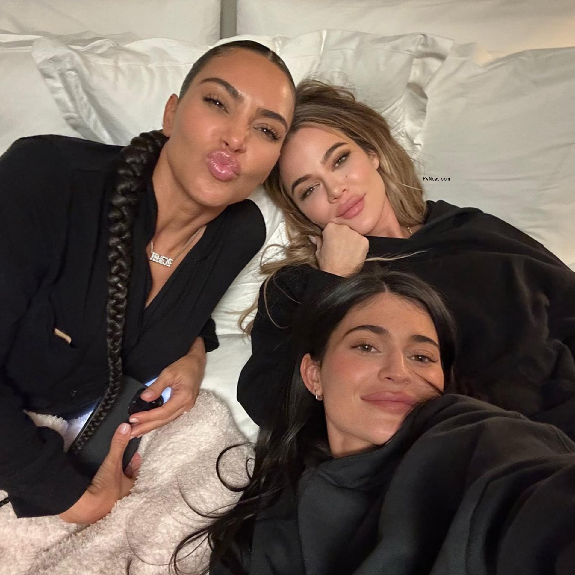 A selfie of Kim Kardashian, Khloé Kardashian and Kylie Jenner.