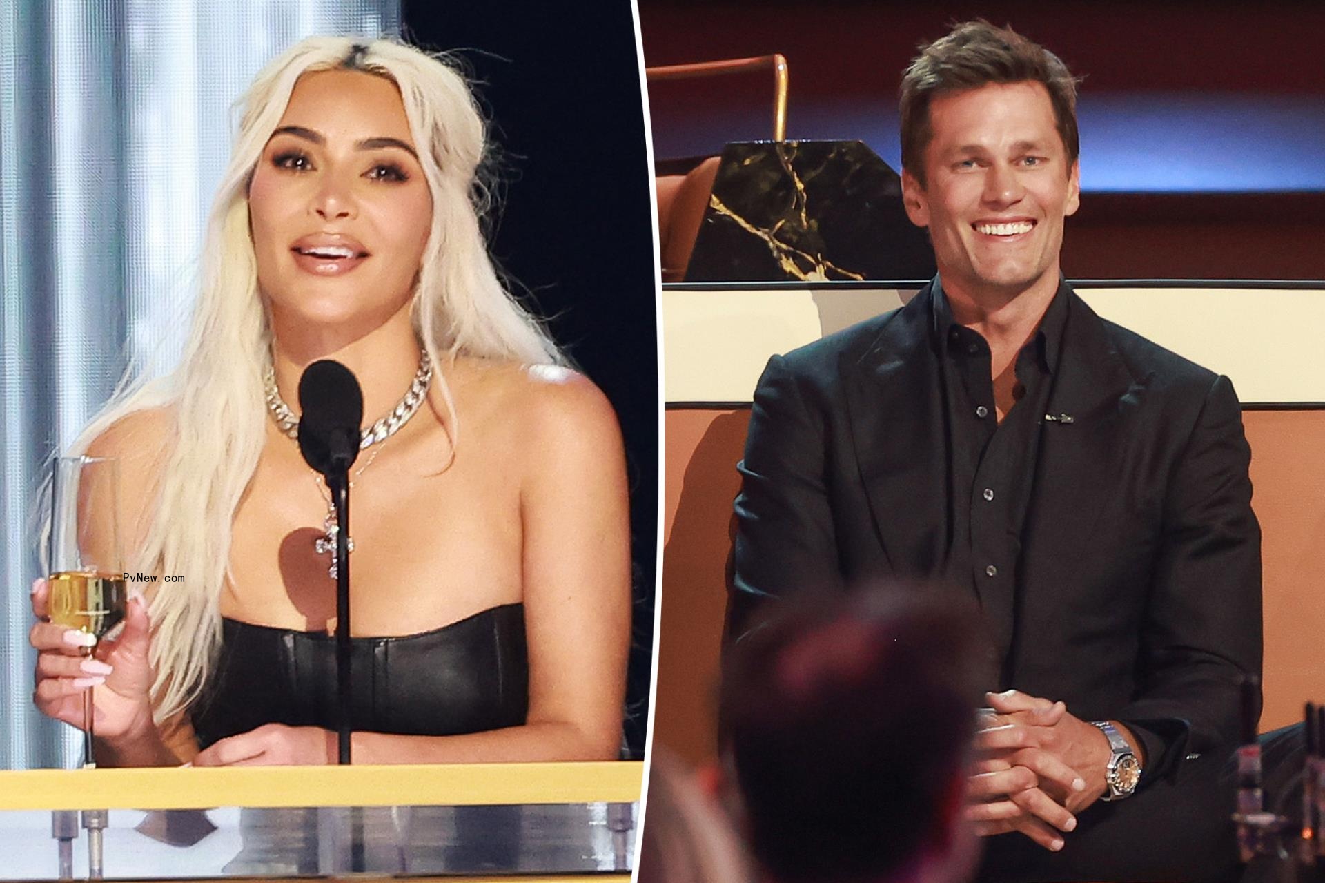 Kim Kardashian and Tom Brady split image.