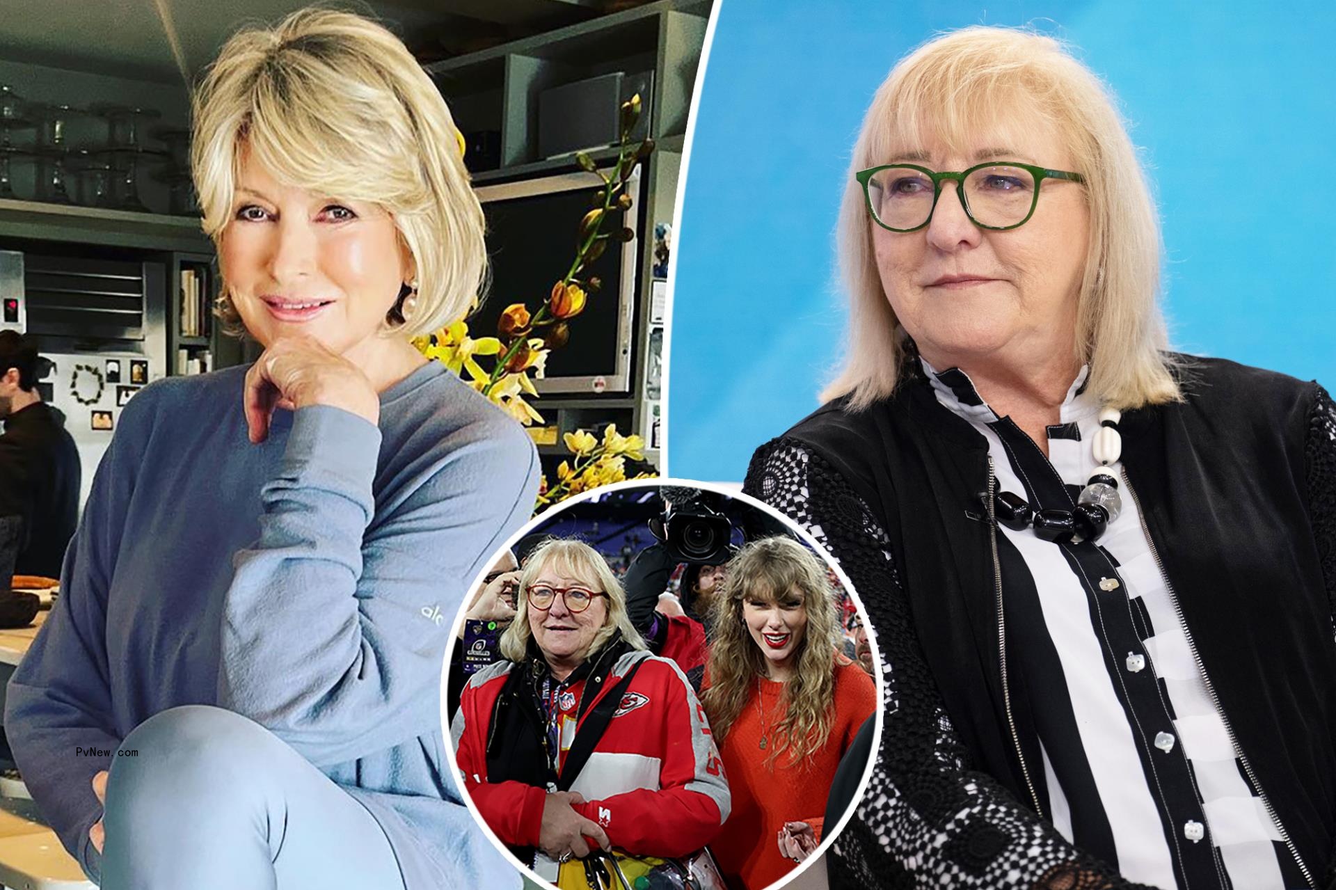 Martha Stewart and Do<i></i>nna Kelce with an inset of Do<i></i>nna and Taylor Swift.